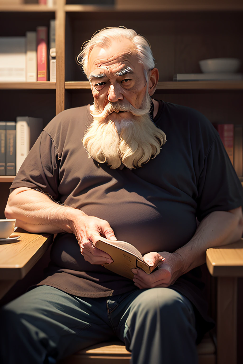Calm and wise old man,Grow a beard,Sit in front of the bookshelf。