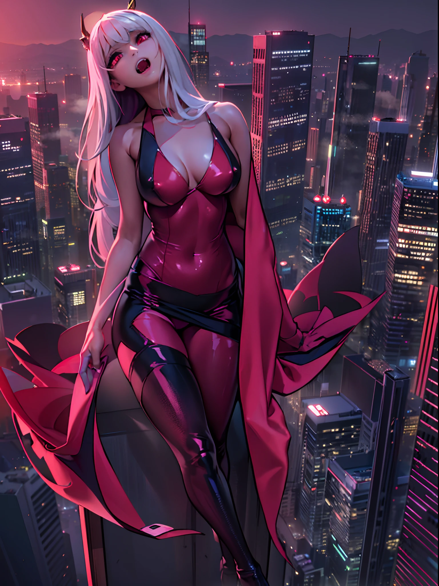 (best quality), (masterpiece), (photorealistic), (realistic), super detailed, unity 8k wallpaper, highly detailed cg, ray tracking, sharp shadows, great detail, depth of field, super detailed background, cyberpunk vampire girl, latex, (Resting at the top of a skyscraper, she looks up at the new moon with an ecstatic expression and is cloaked in a thin red mist.) :1.6, Future city, On top of the city's tallest skyscraper, wispy new moon, side shot, wide shot, steeple, (A vampire in a futuristic city observes people from the shadows and from the mist on the night of the new moon in search of prey. Cloaked in fog, she tracks her prey with bright red eyes and pointed fangs. A resounding scream, but no one hears it.) :0.6,