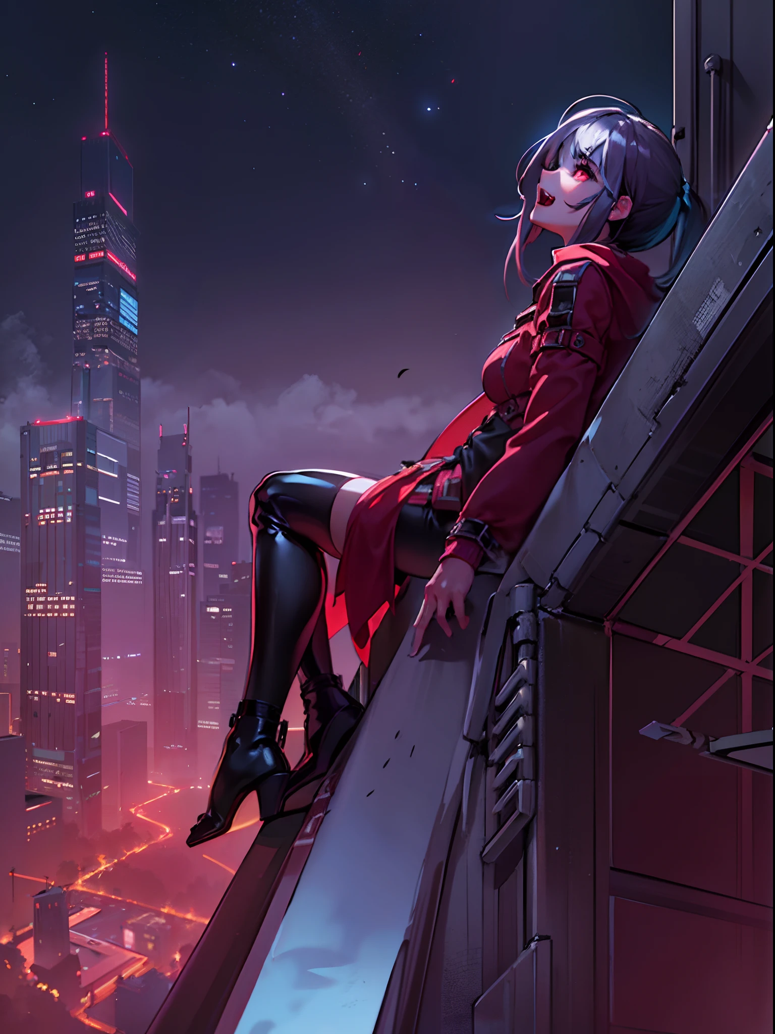(best quality), (masterpiece), (photorealistic), (realistic), super detailed, unity 8k wallpaper, highly detailed cg, ray tracking, sharp shadows, great detail, depth of field, super detailed background, cyberpunk vampire girl, latex, (Resting at the top of a skyscraper, she looks up at the new moon with an ecstatic expression and is cloaked in a thin red mist.) :1.6, Future city, On top of the city's tallest skyscraper, wispy new moon, side shot, wide shot, steeple, (A vampire in a futuristic city observes people from the shadows and from the mist on the night of the new moon in search of prey. Cloaked in fog, she tracks her prey with bright red eyes and pointed fangs. A resounding scream, but no one hears it.) :0.6,