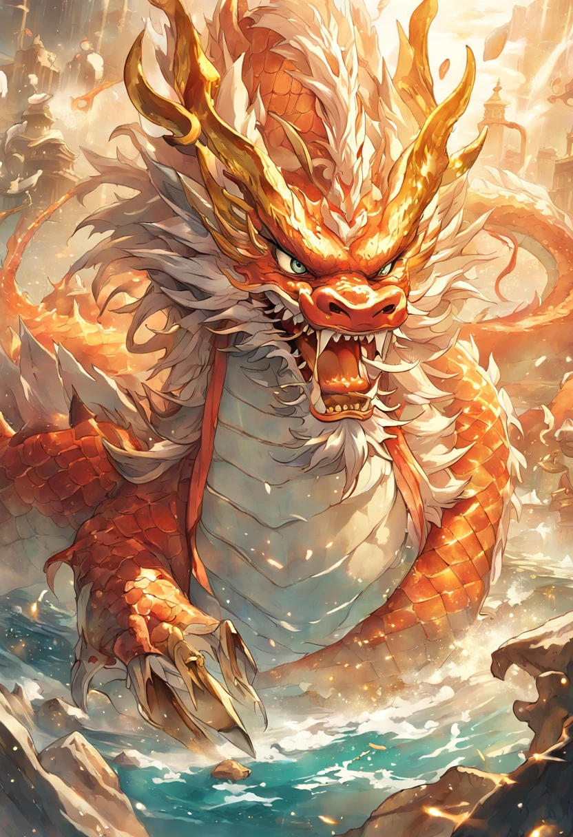 1. Chinese mythology, East Sea Dragon King, majestic, powerful, (ancient deity:1.3), (serpent-like:1.2), (beard and mustache:0.8), (whiskers:0.9), (enormous size:1.5), scales, vibrant colors, shimmering water, (coral reef:1.1), (golden crown:1.2), (dragon-shaped throne:1.4), (flowing robes:1.1), (dragon-shaped beard ornaments:1.3), (emerald eyes:1.2), (pearl necklace:1.2), (golden trident:1.4), (levitating:1.1), (celestial clouds:1.3), (sparkling light:1.2), (crashing waves:1.3), (treasure-filled palace:1.5), (school of colorful fish:1.2), (underwater city:1.4), grandeur, mythical, magnificent, extensively detailed, larger than life, traditional Chinese architecture.