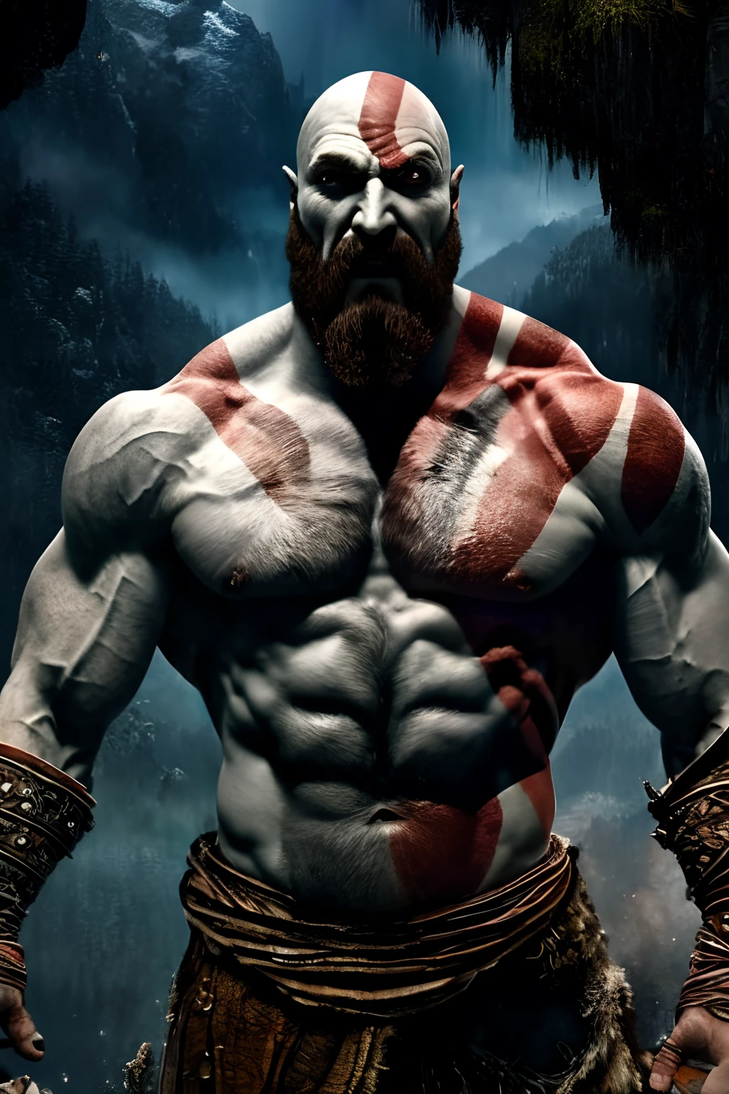 Kratos god of war 4 dreamlikeart, [light, paint, jwst, spiral galaxy, cosmic horrors beyond comprehension:ink, shadow,:0.25], big man, eyes, pupils, dublex, mountainous horizon, sun, [glitch|databending]