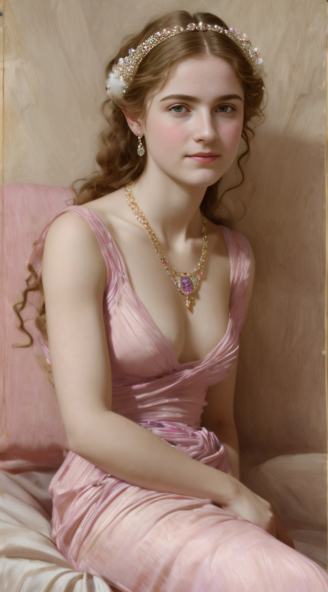 masterpiece, best quality, RAW portrait photograph, high quality picture of a 18 yo english woman, a bacchante, photorealistic, cinematic, dramatic, perfect face, well formed facial features, calm peaceful happy expression, glowing pale white skin, soft skin, long loose flowing fair hair, diadem, small breasts, perfectly formed breasts, beautiful iridescent patterned pink grecian style dress, arm band, bracelet, necklace, jewels,  interior bedroom, ,sargent, jw waterhouse ,