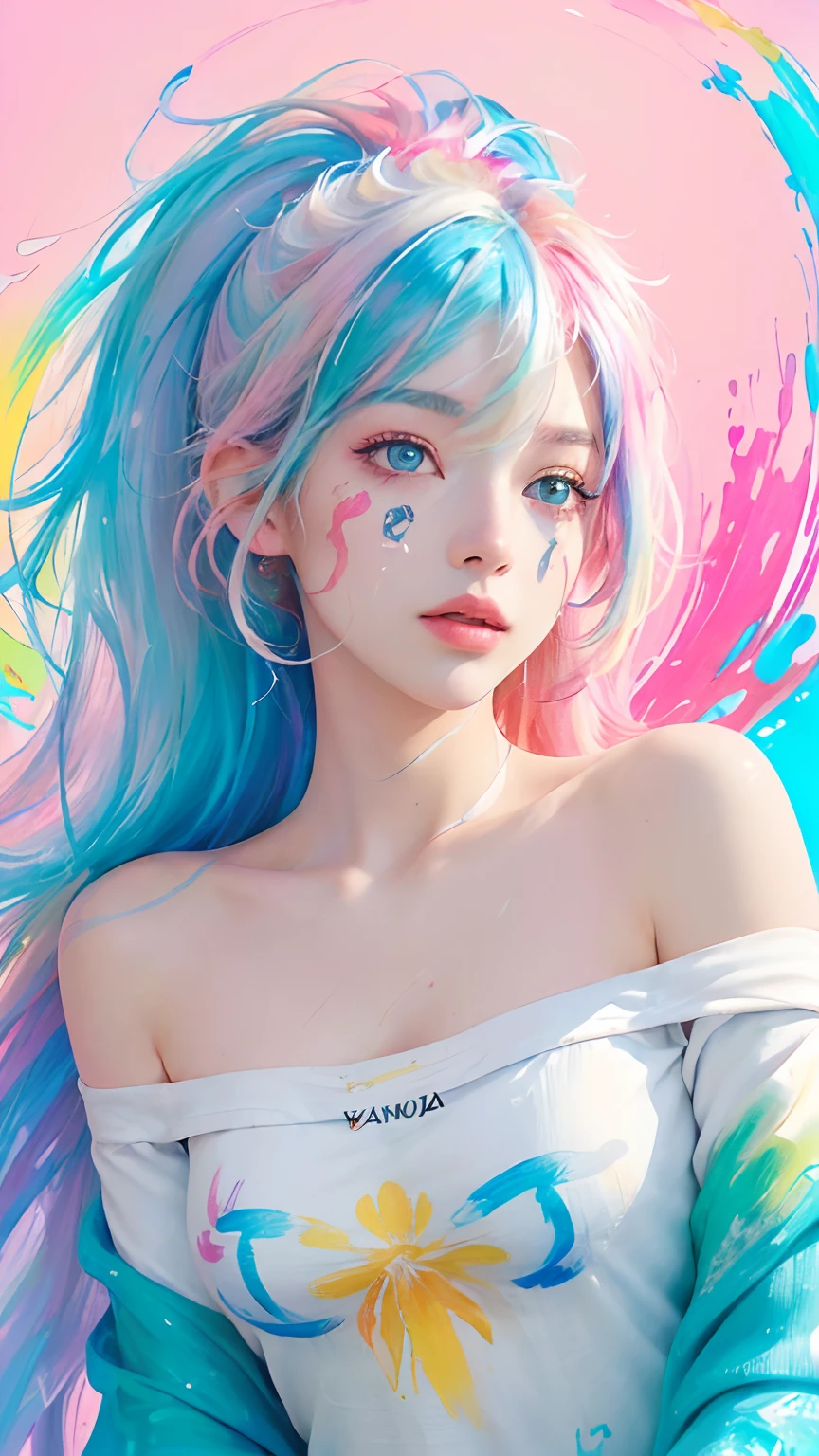 (Pink Fashion T-shirt:1.9),(Colorful hair: 1.8), (all the colours of the rainbow: 1.8),(((((vertical painting:1.6))), (painting:1.6),front, comics, illustrations, paintings, large eyes, crystal clear eyes,( rainbow color gradient high ponytail:1.7), exquisite makeup, closed mouth,(Small Fresh: 1.5),(Wipe Chest: 1.6) ,long eyelashes, white off shoulder T-shirt, White Shoulder Shirt,looking at the audience, large watery eyes, (rainbow colored hair:1.6), color splash, (solo:1.8), color splash, color explosion, thick paint style, messy lines, ((shining)),(colorful), (colorful), (colorful), colorful, Thick Paint Style, (Splash) (Color Splash), Vertical Painting, Upper Body, Paint Splash, Acrylic Pigment, Gradient, Paint, Highest Image Quality, Highest Quality, Masterpiece, Solo, Depth of Field, Face Paint, colorful clothes, (Elegant: 1.2), gorgeous,long hair, wind, (Elegant: 1.3), (Petals: 1.4),(((masterpiece))),(((best quality))),((ultra-detailed)),(illustration),(dynamic angle),((floating)),(paint),((disheveled hair)),(solo),(1girl) , (((detailed anima face))),((beautiful detailed face)),collar,bare shoulders,white hair, ((colorful hair)),((streaked hair)),beautiful detailed eyes,(Gradient color eyes),(((colorful eyes))),(((colorful background))),(((high saturation))),(((surrounded by colorful splashes))),