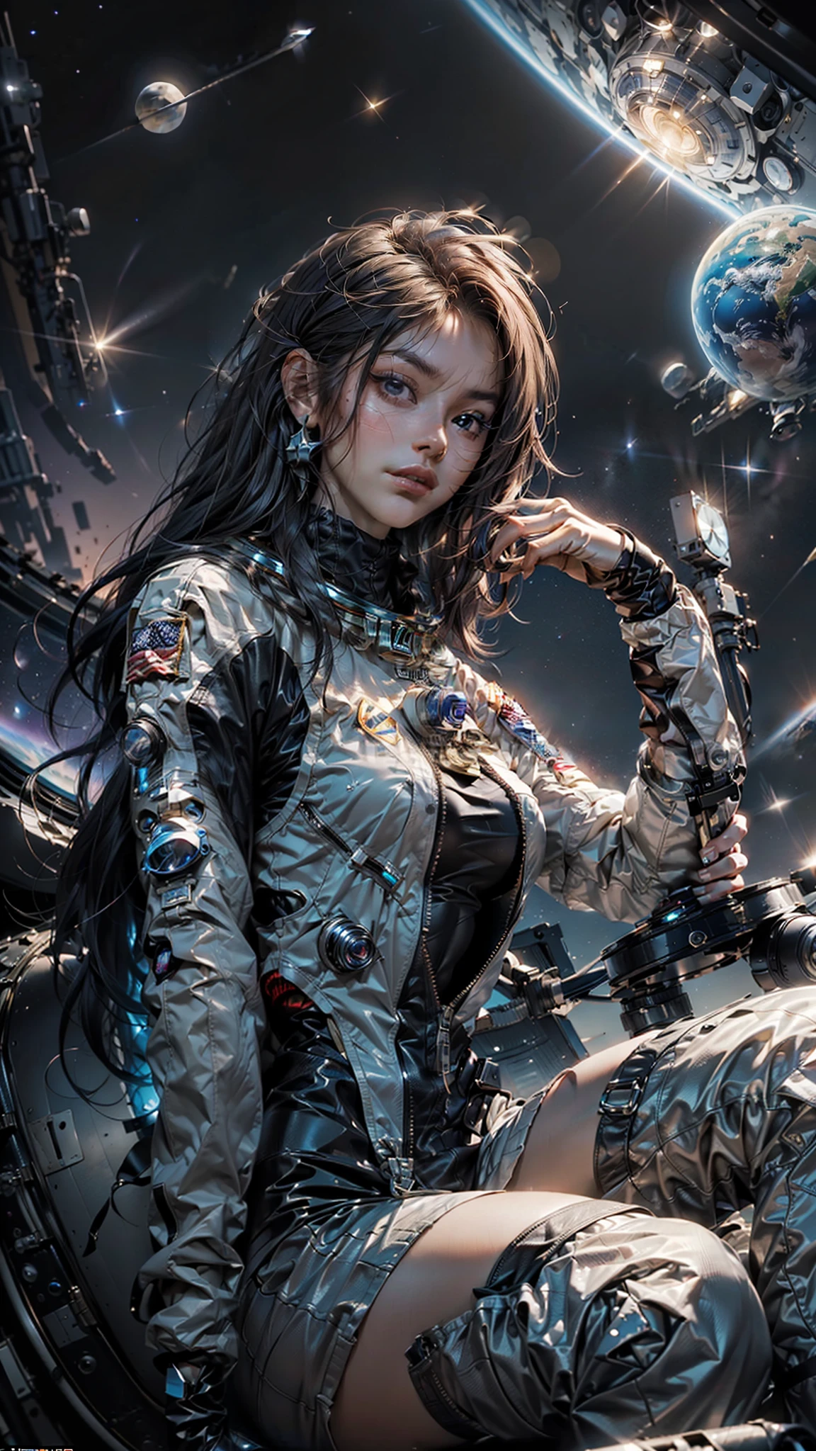 (maximum resolution: 1.2), (Ultra HDTV: 1.2), 8K resolution, Eye and skin detail, detailed facial features, , ( Sharp focus: 1.2）, (Focus focus) facial expression: 1.2), Sitting girl, (Wears right monocle), (Astronaut suit), (long hair), Black hair, (space), Many stars, planets around