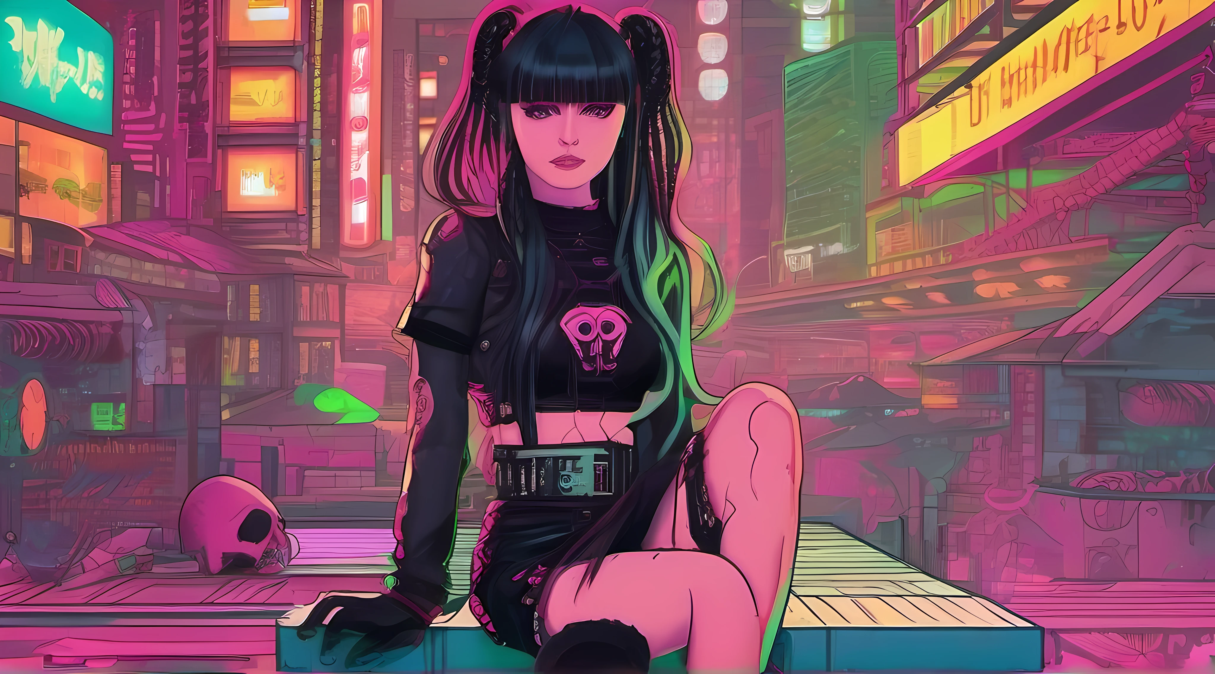 A photograph with an extreme perspective shot from hip level up. A caucasian cybergothic girl with asymmetric clothing, skulls and metal belts, a short leatherskirt, a cropped top and a fishnettop on top, one knee high lace sock and combatboots. She has black hair and pink hairstrands, with bangs and some loosely braided strands. A lot of plastic tubelike hair accessories glowing in neongreen and neonpink. The background is a blurred cyberpunk city with neon lights.