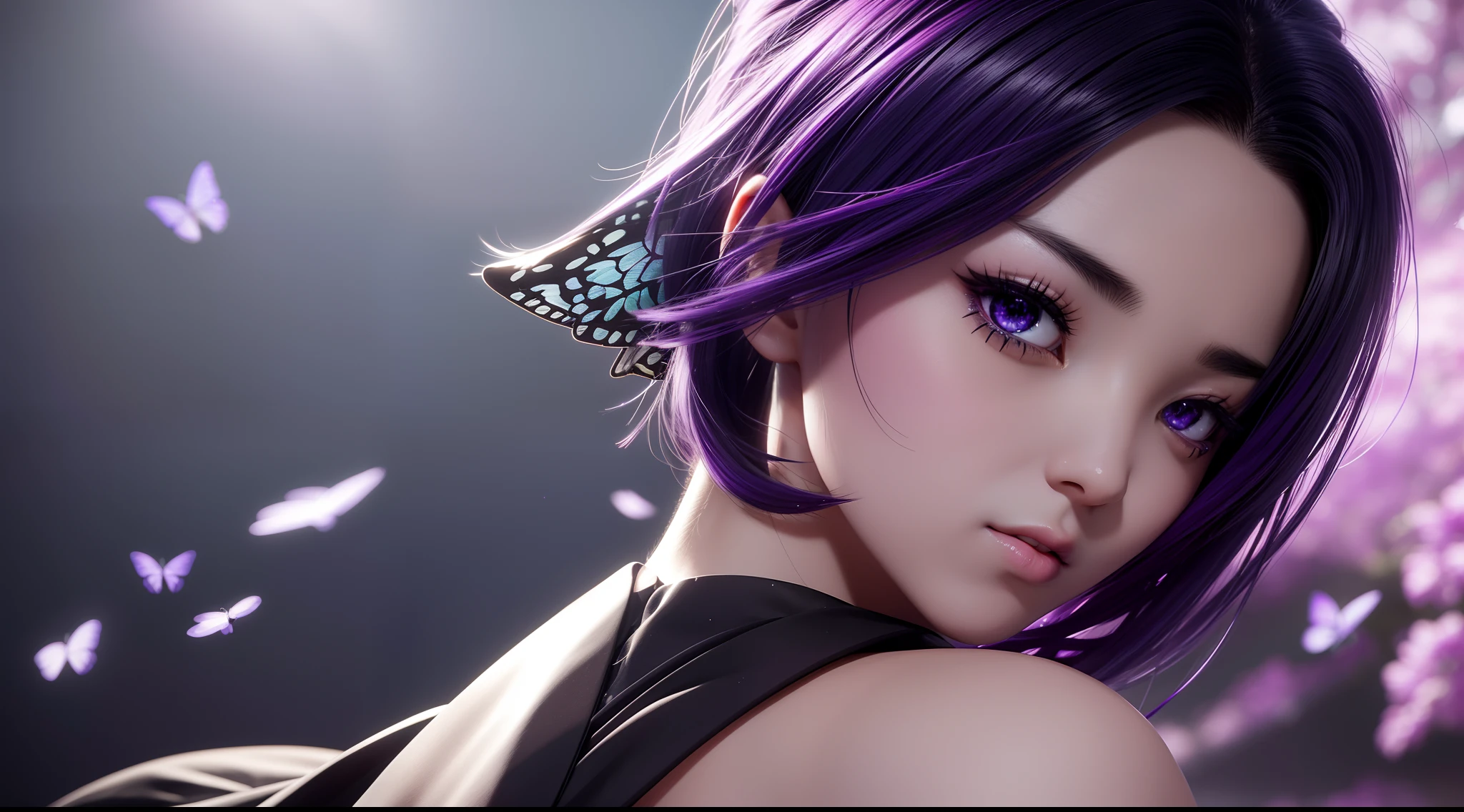 shinobu kochou, focused upper body, 1 girl, black dress, sparkling eyes, dark purple hair, butterfly night background, nice perfect face with soft skin, intricate detail, 8k resolution, masterpiece, 8k resolution photorealistic masterpiece, professional photography, natural lighting, detailed texture,