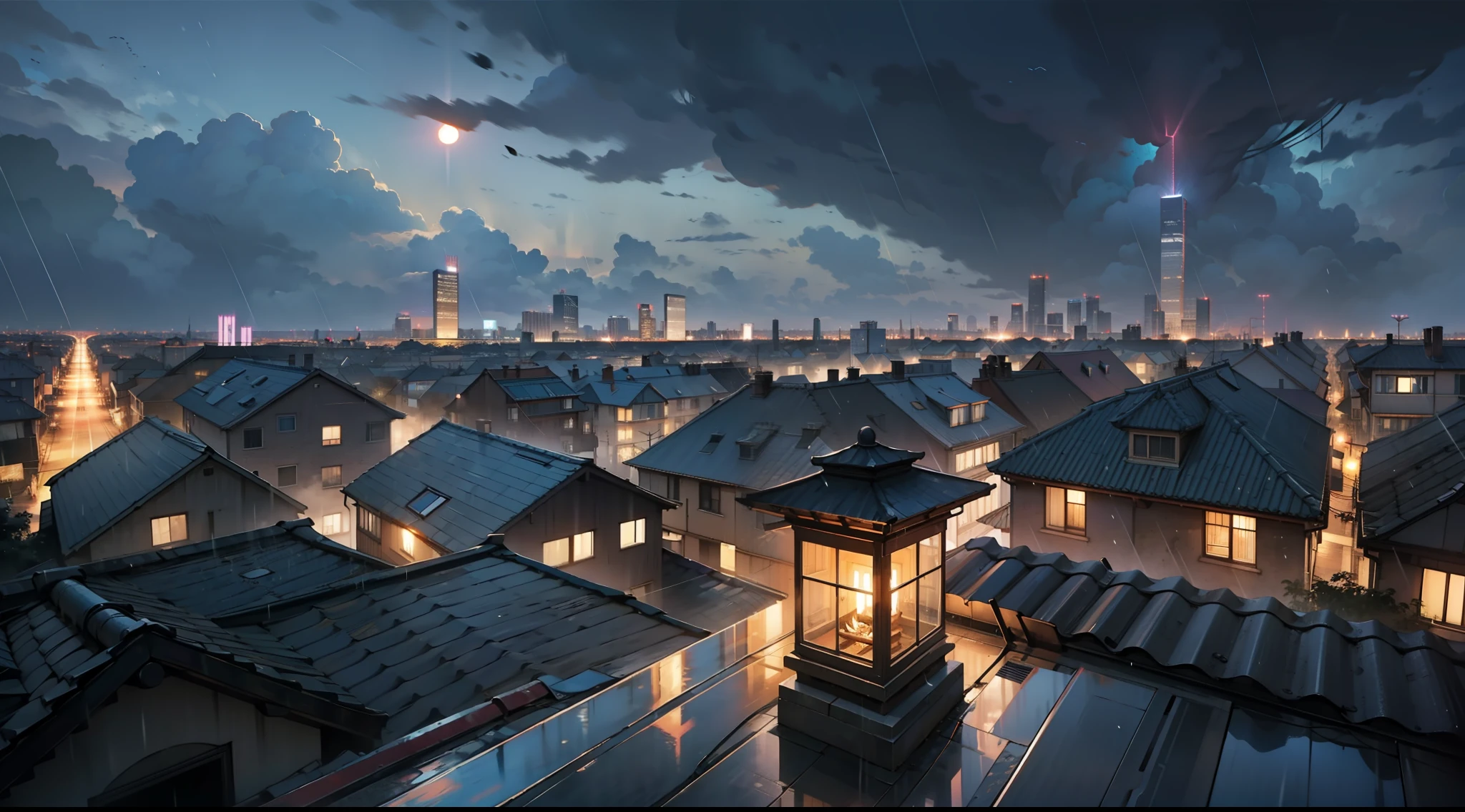 On the roof of a city,It just finished raining,The cold wind howled,Look at the whole city