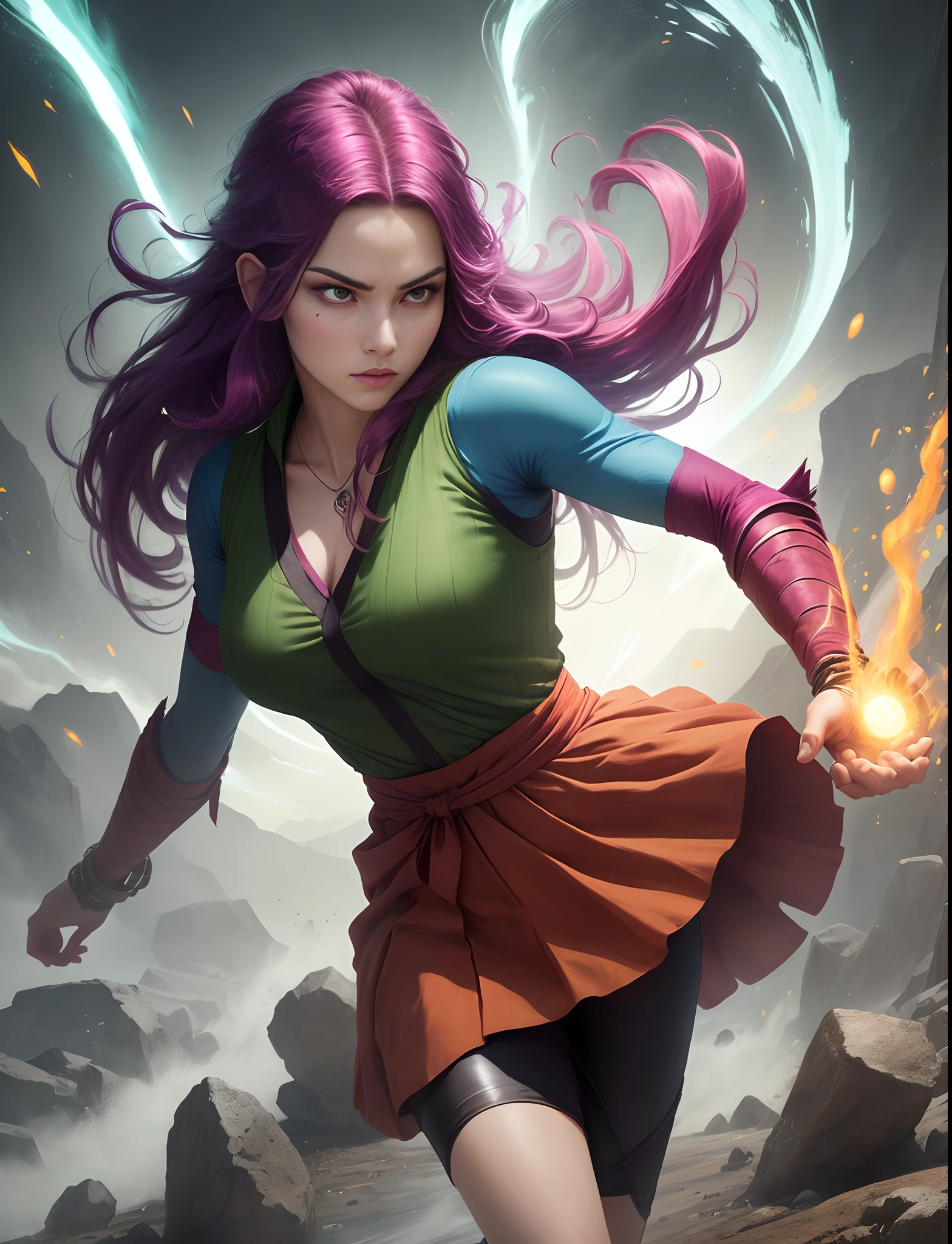 Create a strong earth bender from avatar. She is a woman, magenta hair, looks young, long hair, glowing eyes, dressed in green brownish clothes from the earth folk. She has supernatural powers and is standing in a fighting pose