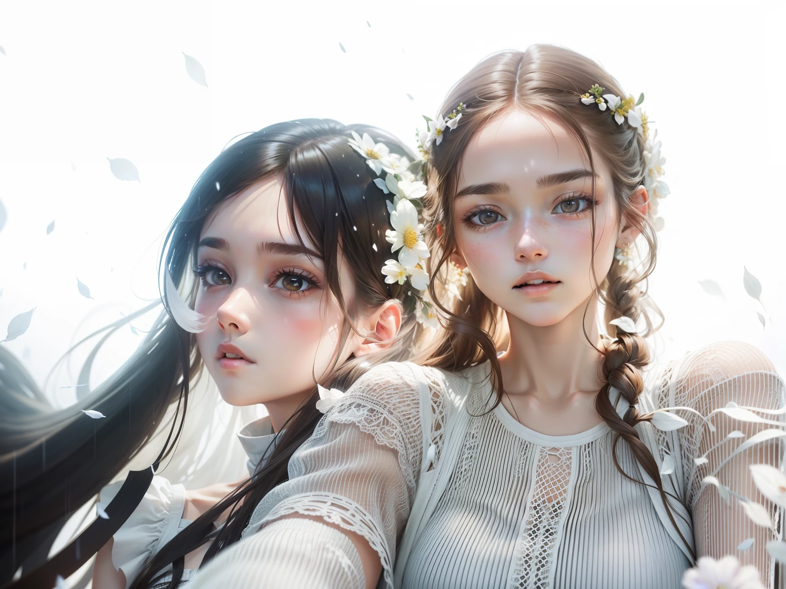 18 Yo girl, white dresses, with long coiled hair, Brown hair, Beautiful face, Falling rain, Masterpiece, intricately details, Perfect anatomy, Facial and body details.Be in the flowers,
