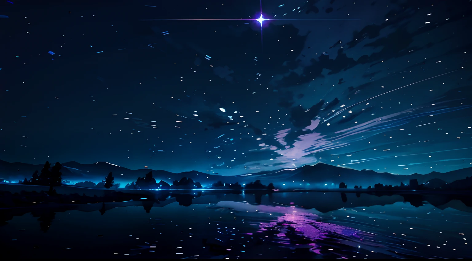 Expansive landscape photograph,(View from below with a view of the sky and the wilderness below),flower field,(moon full:1.2),(meteors:0.9),(Starcloud:1.3),Far Mountain,rios,(Warm light source:1.2),(glowworm:1.2),lamp lights,blue and violet,Complicated details,Volumetric lighting BREAK(tmasterpiece:1.2), (HighestQuali),4K,Ultra-delicate,(Dynamic configuration:1.4),Highly detailed and colorful details(Irridescent color:1.2),(Sparkling lighting,Atmospheric lighting),dream magical,magical,(独奏:1.2)