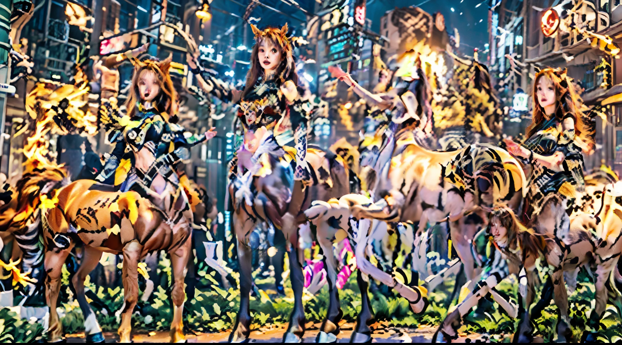 In this beautiful illustration，Eight unique female centaur characters are shown，They all have their own characteristics，Vivid and interesting。Radiant angelic centaurs from the heavenly realm，To the hellish centaurs surrounded by nightmarish flames，And then to the Wind Immortal Centaur dancing in the air，Unicorn centaur surrounded by lightning，Mechanical centaur in mechanical style，Dragon centaurs，Elf centaurs，Tiflin centaurs，Each character has their own unique charms and abilities。The illustration uses advanced artistic techniques and tools，Divide the scene into sections by geometric arrangement，Each section corresponds to a centaur character，This makes more efficient use of space。Through Midjourney's advanced brush tools、Color palette、Material packs and model packs，Exquisite costumes and equipment are designed for each centaur，Enhances the character's personality and visual appeal。The scenery in the illustrations is stunning，There are changing skies、rainbowing、extreme light、Stars and Moon。Incorporating iconic landmarks such as Mount Everest，and fireworks、tranquil lake、Natural and urban elements of waves and neon lights，Creates a magical atmosphere。The centaurs showed off their skills and equipment in a variety of environments，This is true even in extreme alien landscapes。Midjourney's tools make depicting details vivid and realistic，From intricate hairstyles and clothing to authentic textures，Enhances the realism of the characters and surroundings。The fusion of multiple art styles adds movement to the centaur's movement at all angles，The overall visual experience is further enriched。The final illustration was described as a "masterpiece"，It has the characteristics of "best quality" and "realistic"，The details put into the creative process are shown、Level of creativity and craftsmanship。Ultra-grand scenes，super wide shot， hdr，（真实感，Masterpiece quality，best qualtiy）