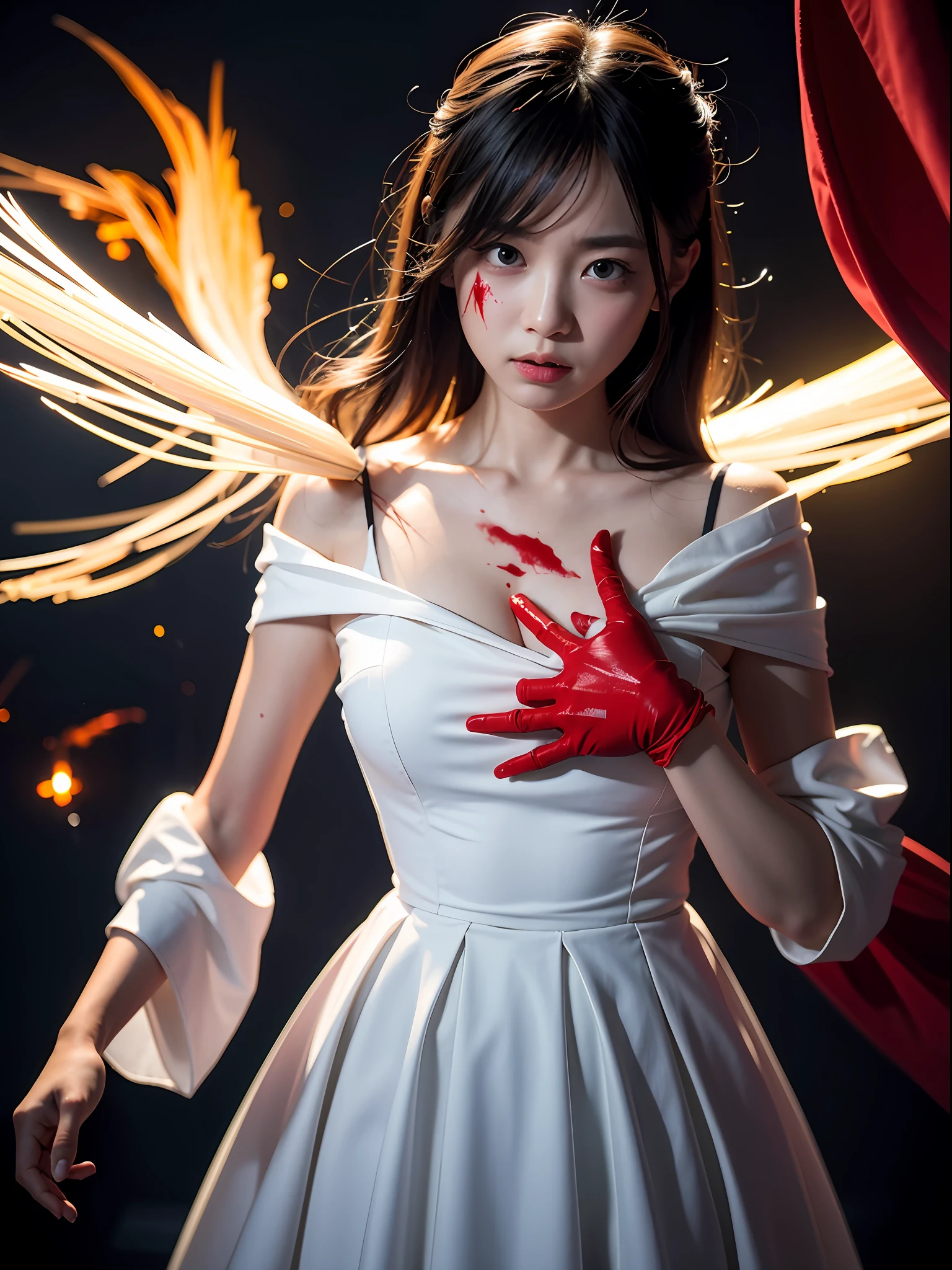 8K、Top image quality、​masterpiece、25-years old、(1 adult female)、White Off Shoulder Dress、Horror style、High-speed shutter、motion-blur、Action Figures、angry expressions、The dim、A knife with blood glows suspiciously、various parts of the body are cut out and bleeding,,、Blood vessels in the hands, missiles、And the chest is faintly visible、There is also a lot of blood in clothes、She's pretty excited、She holds a knife in the dim light、Glaring at us