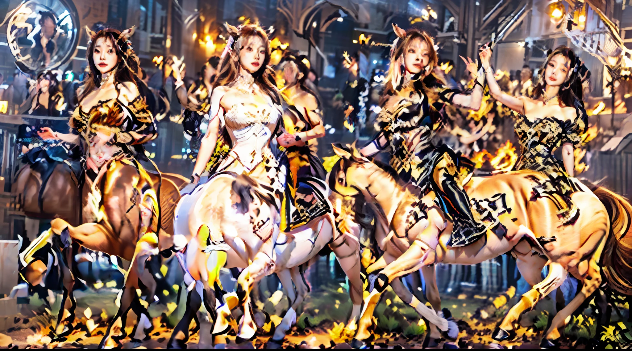 In this beautiful illustration，Eight unique female centaur characters are shown，They all have their own characteristics，Vivid and interesting。Radiant angelic centaurs from the heavenly realm，To the hellish centaurs surrounded by nightmarish flames，And then to the Wind Immortal Centaur dancing in the air，Unicorn centaur surrounded by lightning，Mechanical centaur in mechanical style，Dragon centaurs，Elf centaurs，Tiflin centaurs，Each character has their own unique charms and abilities。The illustration uses advanced artistic techniques and tools，Divide the scene into sections by geometric arrangement，Each section corresponds to a centaur character，This makes more efficient use of space。Through Midjourney's advanced brush tools、Color palette、Material packs and model packs，Exquisite costumes and equipment are designed for each centaur，Enhances the character's personality and visual appeal。The scenery in the illustrations is stunning，There are changing skies、rainbowing、extreme light、Stars and Moon。Incorporating iconic landmarks such as Mount Everest，and fireworks、tranquil lake、Natural and urban elements of waves and neon lights，Creates a magical atmosphere。The centaurs showed off their skills and equipment in a variety of environments，This is true even in extreme alien landscapes。Midjourney's tools make depicting details vivid and realistic，From intricate hairstyles and clothing to authentic textures，Enhances the realism of the characters and surroundings。The fusion of multiple art styles adds movement to the centaur's movement at all angles，The overall visual experience is further enriched。The final illustration was described as a "masterpiece"，It has the characteristics of "best quality" and "realistic"，The details put into the creative process are shown、Level of creativity and craftsmanship。Ultra-grand scenes，super wide shot， hdr，（真实感，Masterpiece quality，best qualtiy）