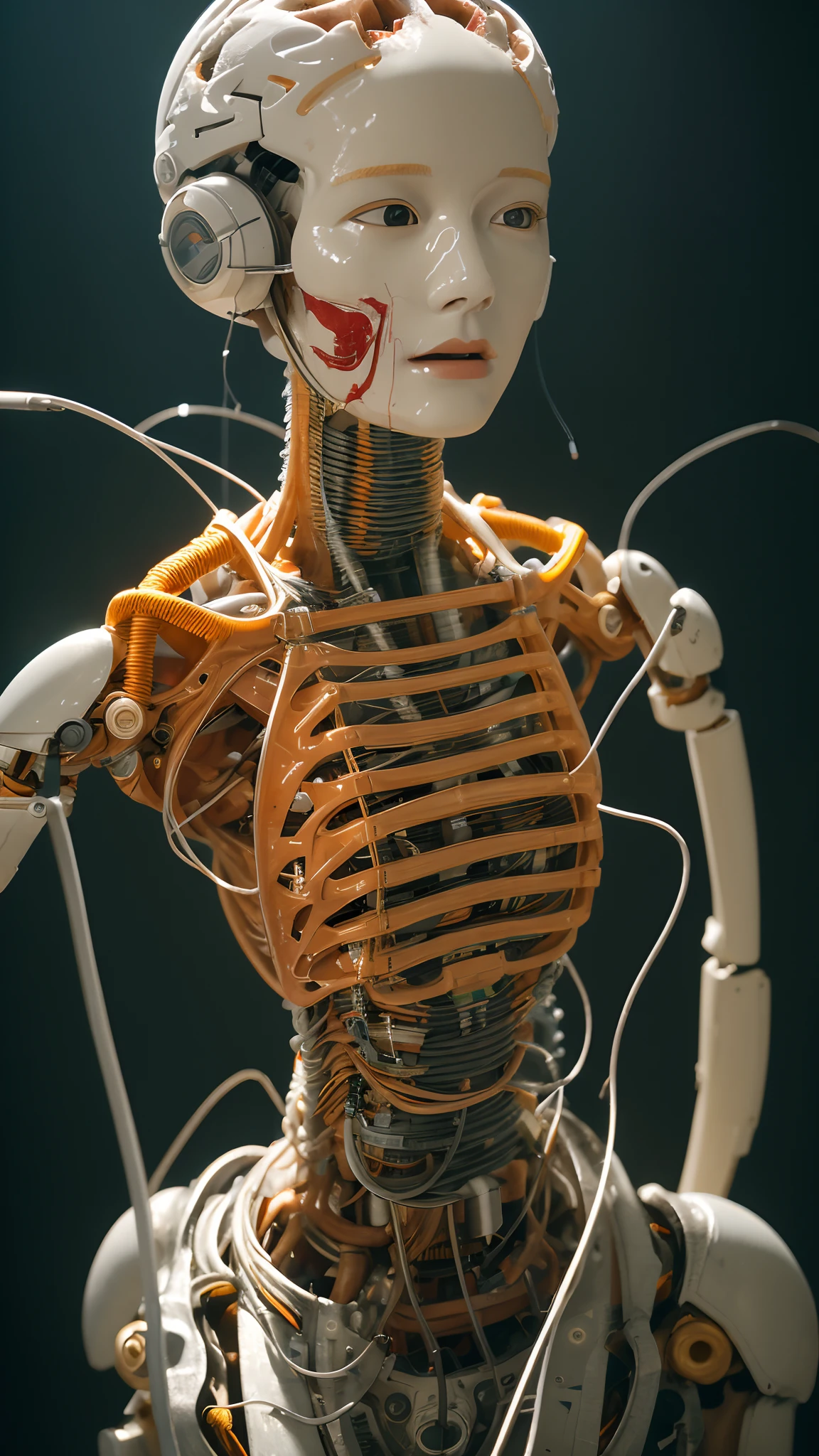 (((masterpiece))), (((best quality))), ((ultra-detailed)), (highly detailed CG illustration), ((an extremely delicate and beautiful)),(cute delicate face),cinematic light,((1mechanical girl)),solo,full body,(machine made joints:1.4),((machanical limbs)),(explosed muscles),(blood vessels connected to tubes),(a brain in container:1.3),((mechanical vertebra attaching to back)),((mechanical cervial attaching to neck)),((sitting)),expressionless,(wires and cables attaching to head and body:1.5),small breasts,short hair,(character focus),science fiction