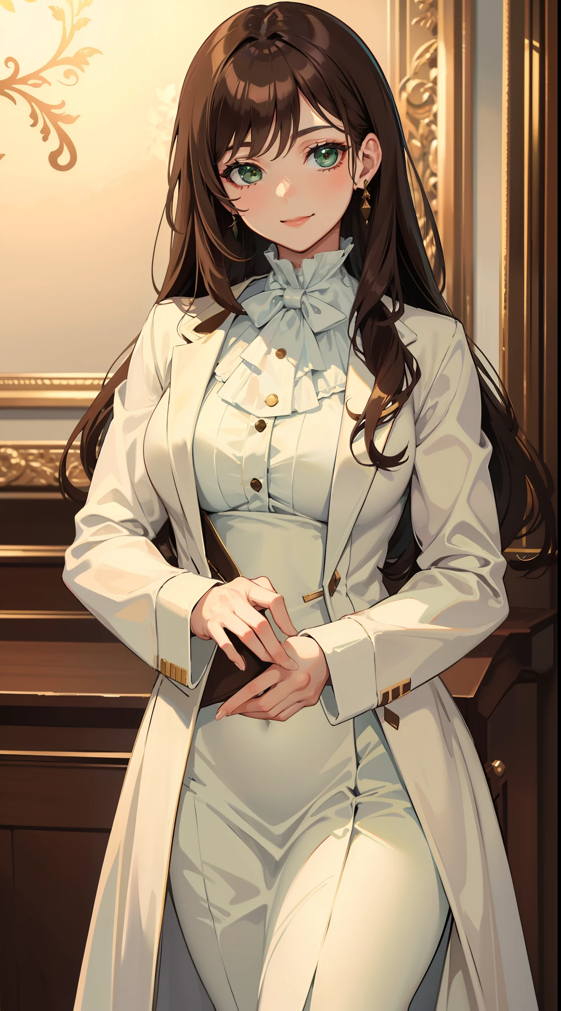 Adult woman, Long brown hair, Green eyes, White formal wear, lipstick, Smile, Masterpiece, hiquality