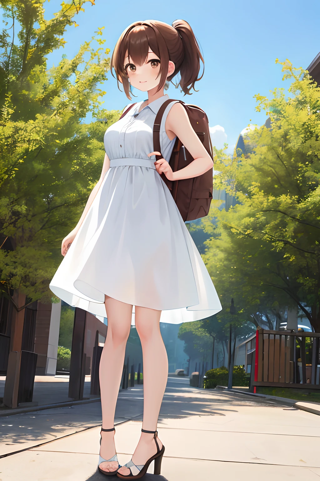 Masterpiece, Best Quality, Hi-Res, 1 Girl, Solo, ssnall Breasts, Brown Hair, Brown Eyes, Short Hair, ponytail, Hair Between Eyes, Floating Hair, wear white dress,sleeveless dress, standing, wear high heel, fullbody, wearing backpack, (backpack:1.0), daytime, park