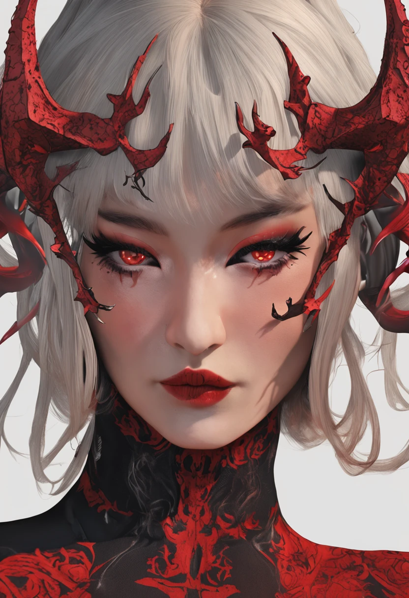 1 beautiful devil woman from hell, In the Dark: 1.6), surreal female portrait by David Hockney and Alphonse Mucha, fantasy art, korea doll, photorealism, dynamic lighting, artstation, poster, volumetric lighting, very detailed faces, 8k ultra, Awarded, in the dark, deep shadow, low key, cowboy lens, (Red phoenix dress: 1.4), long hair, black hair, bust, luxurious palace, Royal style, devil crown, red eyes make up very sharp and detailed, The most beautiful face, The breasts are very big and round and round, Super realistic, chinese women's clothing, polo neck sweater, Charming smile, The eyes are very well made up, guweiz, devil style, wearing black mesh socks, Ponytail with a bow tied at the back of the hair, Red black lips, Devil tattoo on shoulder, wearing a thin red and black robe, the landscape is overcast and thunderous, (Portrait), Close-up of the main character, (Background details 1.8),