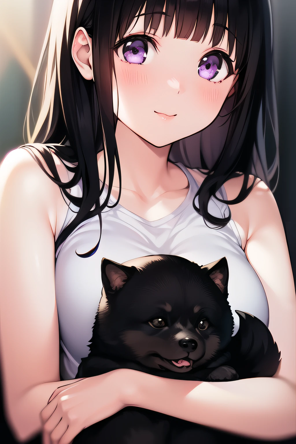 A superb exquisite Chitanda Eru, purple eyes, black long hair, straight bangs, (Small_breasts: large_breasts: 0.4), (solo), ((Hugging her black Shiba Inu)), ((blush)), timid smile, extremely delicate, straight facial features, peerless beautiful girl, soft, (kawaii), dreamy quality, light white and dark brown, exaggerated facial features, solid color, delicate face, bright lips slightly open, slender waist, soft curves, real light and shadow, super fine, 4k, natural moving, Ultra high resolution, (masterpiece:1.2, best quality), (finely detailed beautiful eyes: 1.2), (beautiful detailed face)