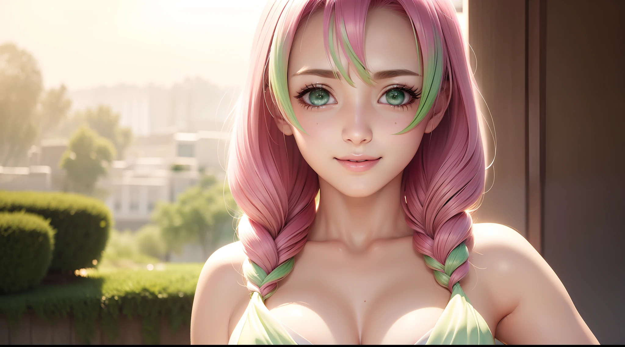 mitsuri kanroji, focused upper body, 1 girl, white dress, sparkling eyes, pink and green hair, love sign background, nice perfect face with soft skin, intricate detail, 8k resolution, masterpiece, 8k resolution photorealistic masterpiece, professional photography, natural lighting, detailed texture,