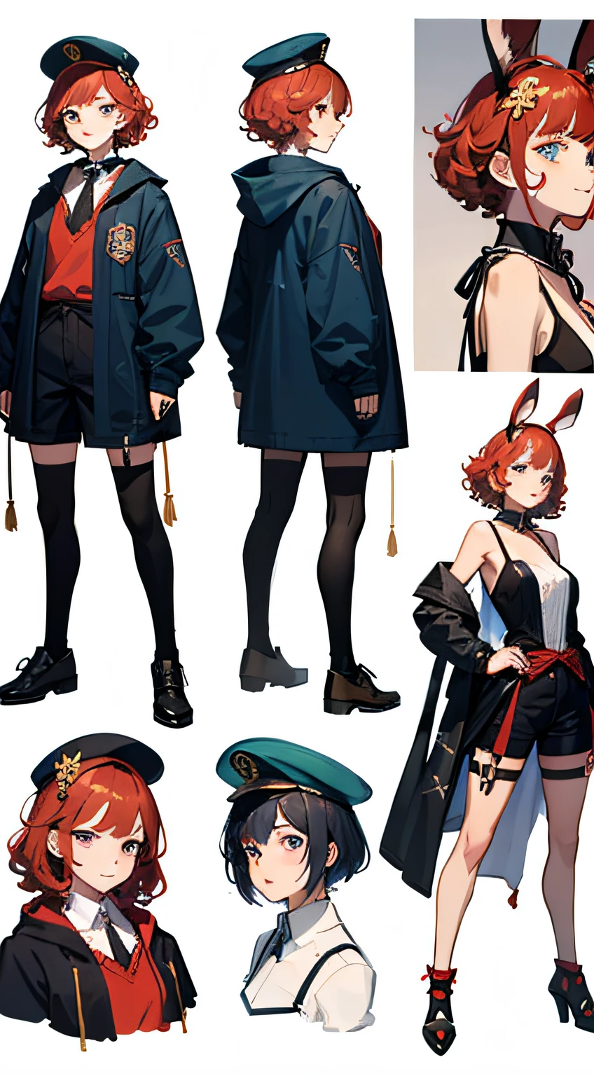 “(Masterpiece,Highest quality),((pointy hair)),boy,boy,short detailed hair,redheadwear,Curls,There are ornaments of rabbit dolls on the head,Strappy shorts,A mischievous smile,Blue pupil,London,Character drawings,Sketch in detail,Multiple poses and expressions"