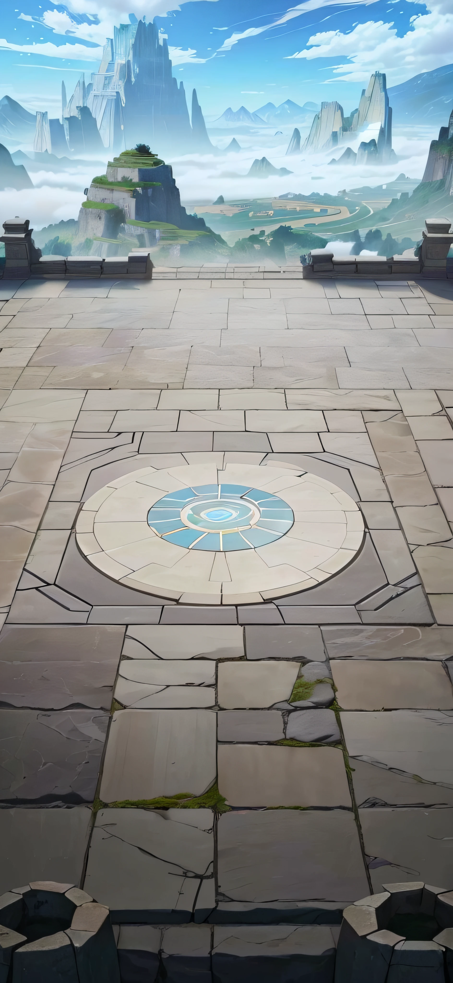 Anime scene with a courtyard with a circular area and mountains in the background, odin's stone arena background, summoning circle, arena background, legend of korra setting, The Last Moon Gate, 8k hd wallpaperjpeg artifact, 8k hd wallpaperjpeg artifact, Stone floor, portal into anotheer dimension, palace background, arte de fundo,The fog is hazy