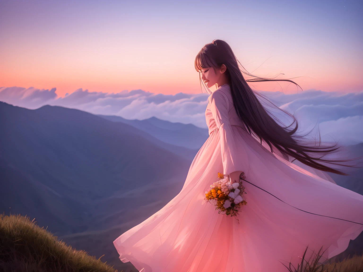 Imagine a breathtakingly photographic realistic landscape,A cute girl standing on the top of a majestic hill, As she gazed at the sky,Her eyes were filled with amazement. The atmosphere is filled with awe and serenity. The sky is painted in shades of pink and orange, as the sun sets on the horizon, Cast a soft golden glow. Fluffy white clouds float gently overhead, Add to the fantastic scenery. Girls' long, Flowing hair dances in the wind, Her eyes shone with a mixture of excitement and calm. The air is filled with a sense of adventure and endless possibilities. When you create a story around this beautiful moment in the anime landscape,let your imagination soar.