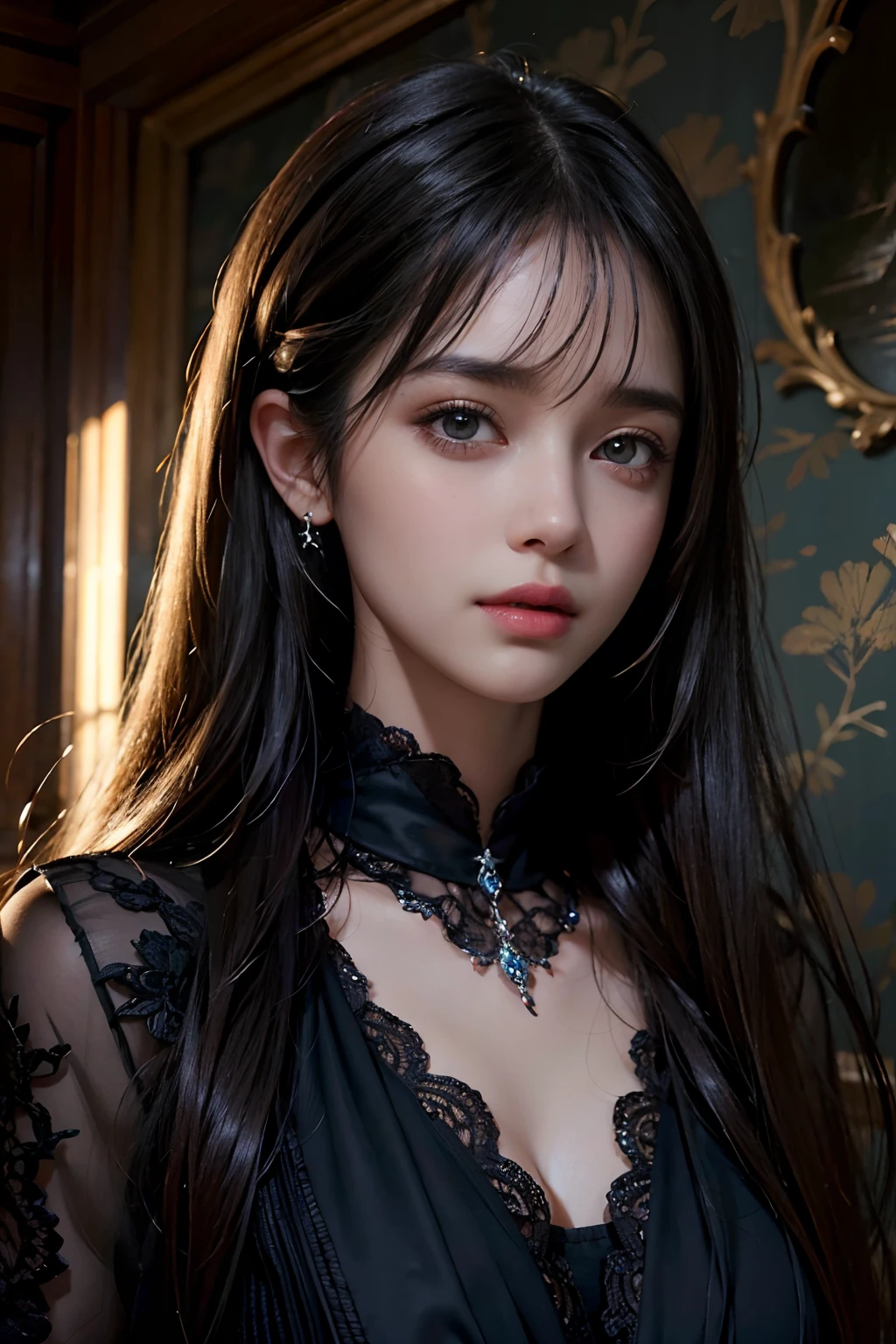(Ultra Realistic), (Illustration), (Increased Resolution), (8K), (Extremely Detailed), (Best Illustration), (Beautiful and Detailed Eyes), (Best Quality), (Ultra Detailed), (Masterpiece ), ( wallpaper), (detailed face), solo, 1 girl, looking at viewer, fine details, detailed face, in the dark, deep shadows, low key, pureerosfaceace_v1, smiling, long hair, black shawl straight hair , 46 points oblique bangs