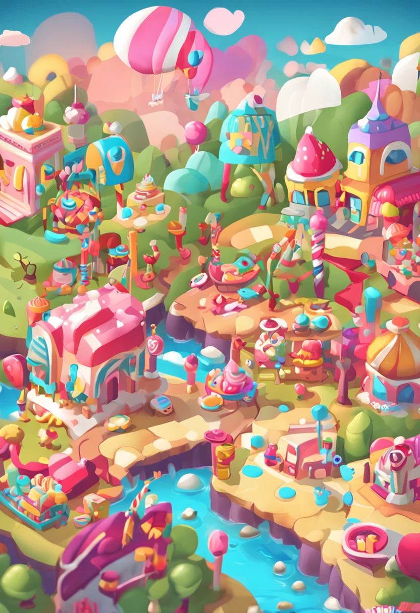 Cartoon style game scene,White clouds at dusk,Skysky,Childlike and happy atmosphere,,Colorful colors,(icecream),((Confectionery)),(the fruits),Close up to the Ice Cream River,Cartoon cute ice cream,Card ventilators,The world of candy,Lemon pinwheel,a fairy world,hyper HD,Master masterpieces,best qualtiy,Luzes Realistas、tmasterpiece、high high quality、Beautiful graphics、globalillumination,(HDR:1.3), best qualtiy, 8k,ssee-through, depth of fields, A high resolution,
