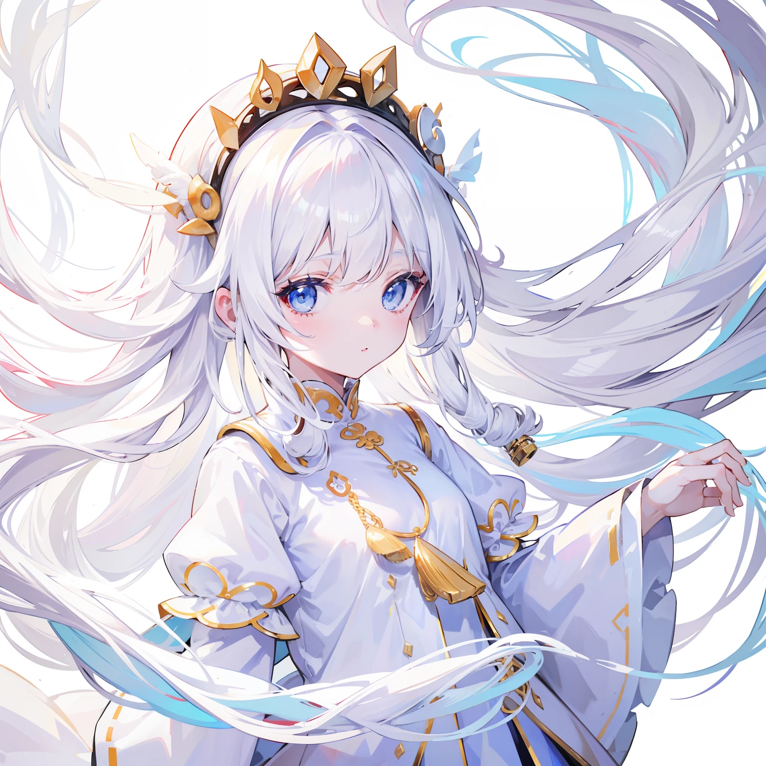 Creamy white long hair milk，White clothes，Huhu is very cute face，It's a cute sweet girl