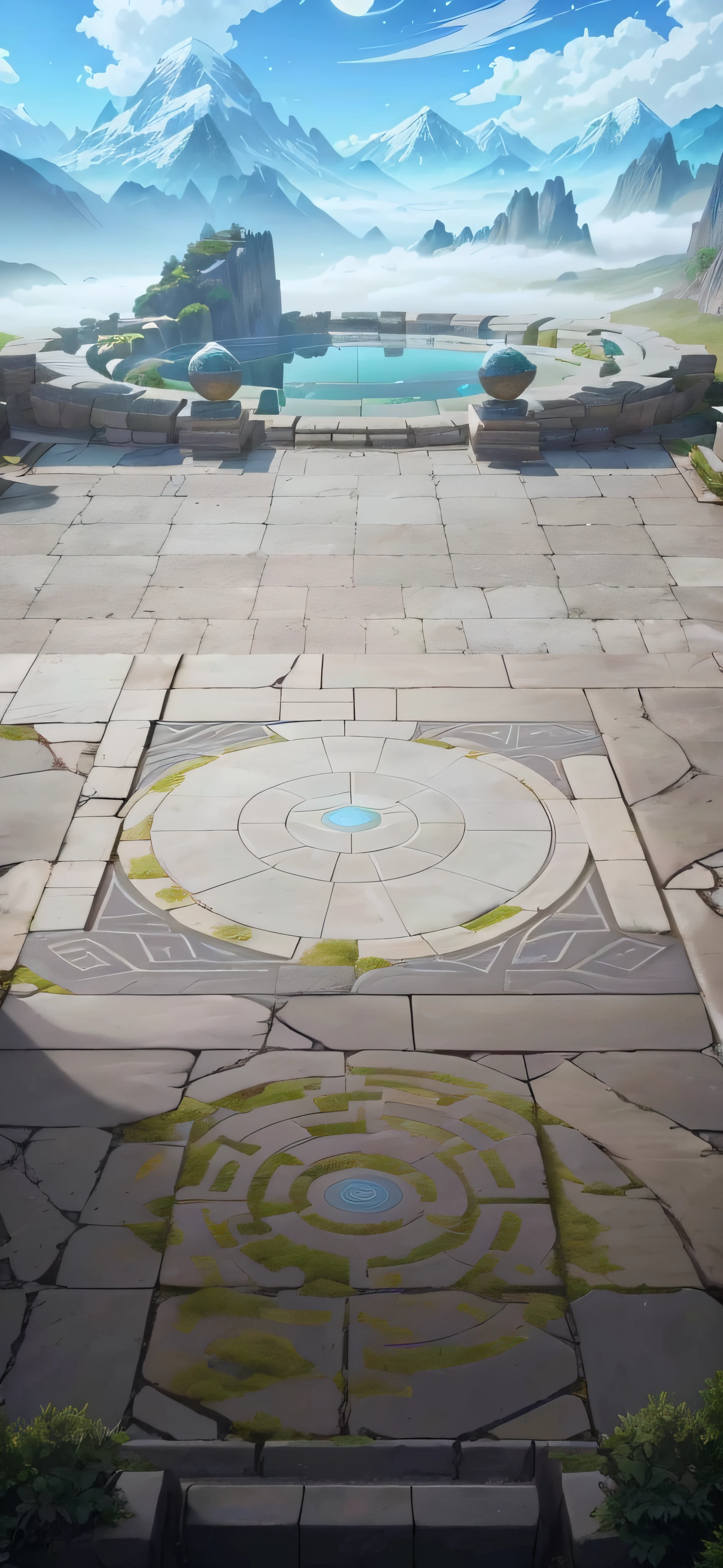 Anime scene with a courtyard with a circular area and mountains in the background, odin's stone arena background, summoning circle, arena background, legend of korra setting, The Last Moon Gate, 8k hd wallpaperjpeg artifact, 8k hd wallpaperjpeg artifact, Stone floor, portal into anotheer dimension, palace background, arte de fundo,The fog is hazy