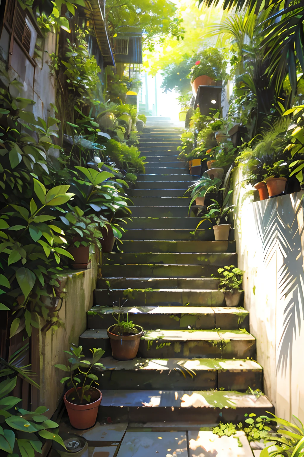 stairways, plants on pots and on the walls, afternoon lighting, afternoon sunlight, green alleys, nice afternoon lighting, sunny morning light, Overgrown with lush plants, lush plants and bonsai trees, hidden area, overgrown with plants, garden at home, in narrow tokyo alleyway, Afternoon light, afternoon sunshine