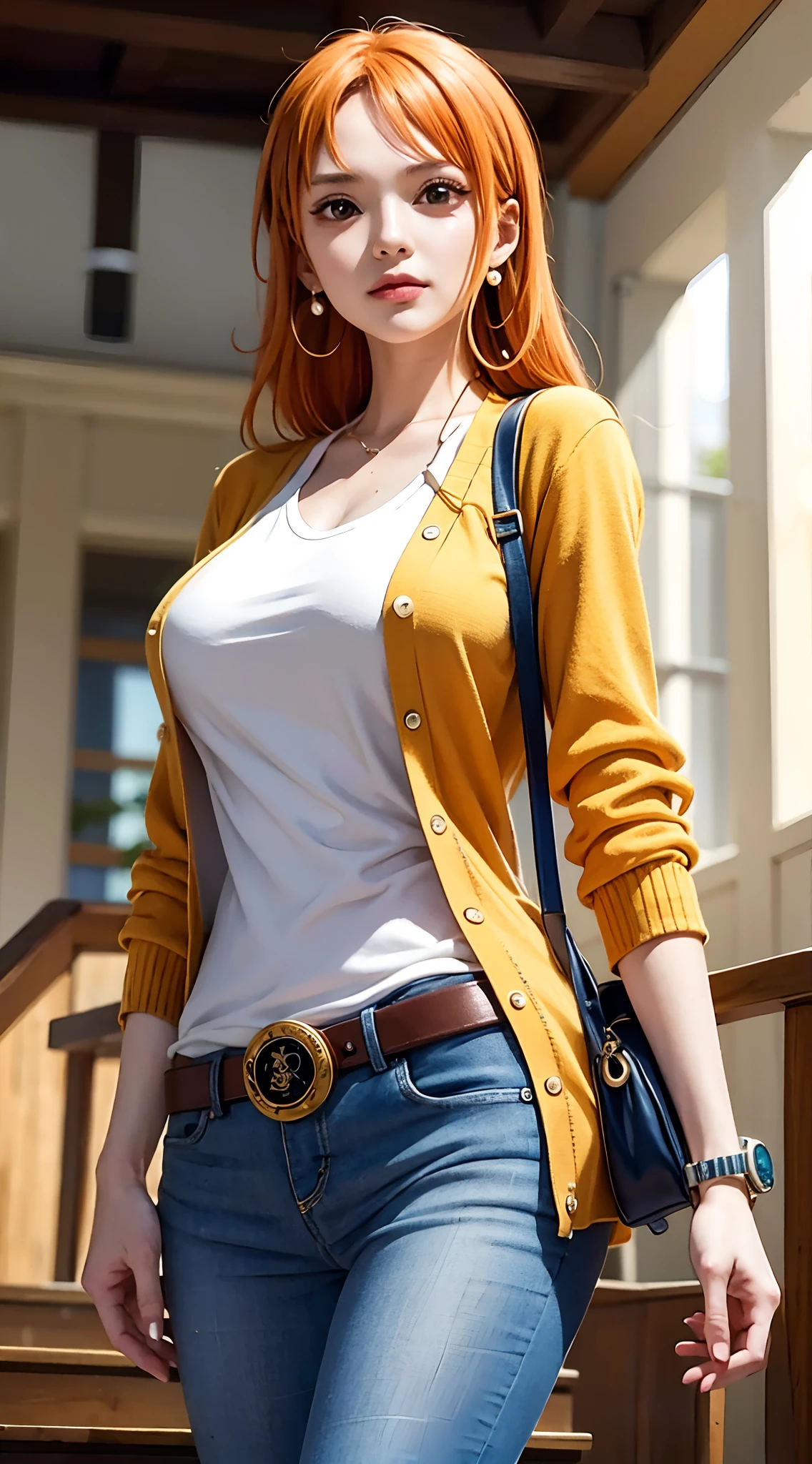 nami from the one piece anime, long hair, orange hair, wearing a white shirt, cream cardigan, long blue jeans, wearing a watch, wearing hair tie earrings, wearing a bag, being on campus, campus hall, campus hall, perfect body, perfect tits, standing, looking at audience, masterpiece, textured skin, super detail, high details, high quality, best quality, HD, 16k