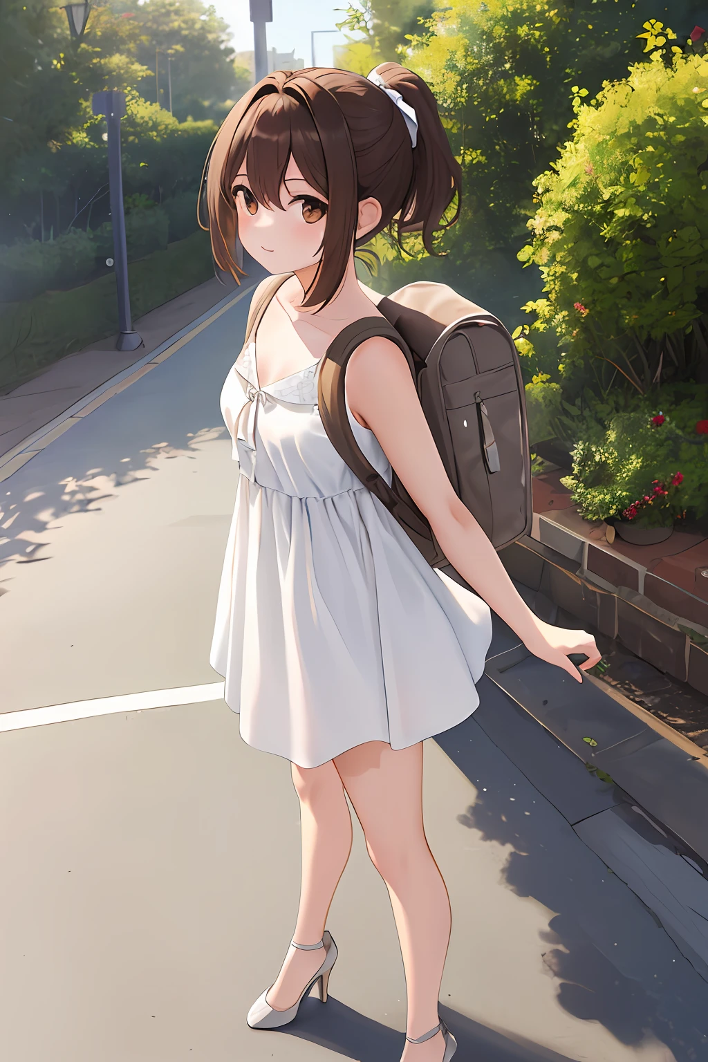 Masterpiece, Best Quality, Hi-Res, 1 Girl, Solo, ssnall Breasts, Brown Hair, Brown Eyes, Short Hair, ponytail, Hair Between Eyes, Floating Hair, wear white dress,sleeveless dress, standing, wear high heel, fullbody, wearing backpack, (backpack:1.0),  daytime, park