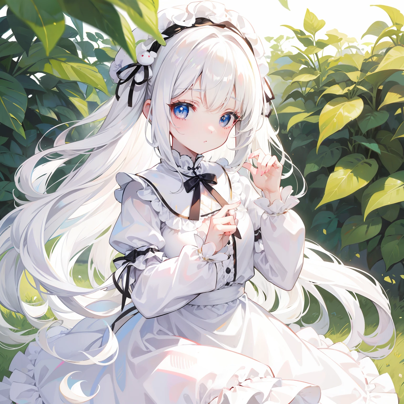 masutepiece，Top image quality，Best Quality，8K，​masterpiece))1girl in，1人，cute little，Lori，white  hair，Long，lightblue hair，Lolita clothes，cat ear，Upper body only