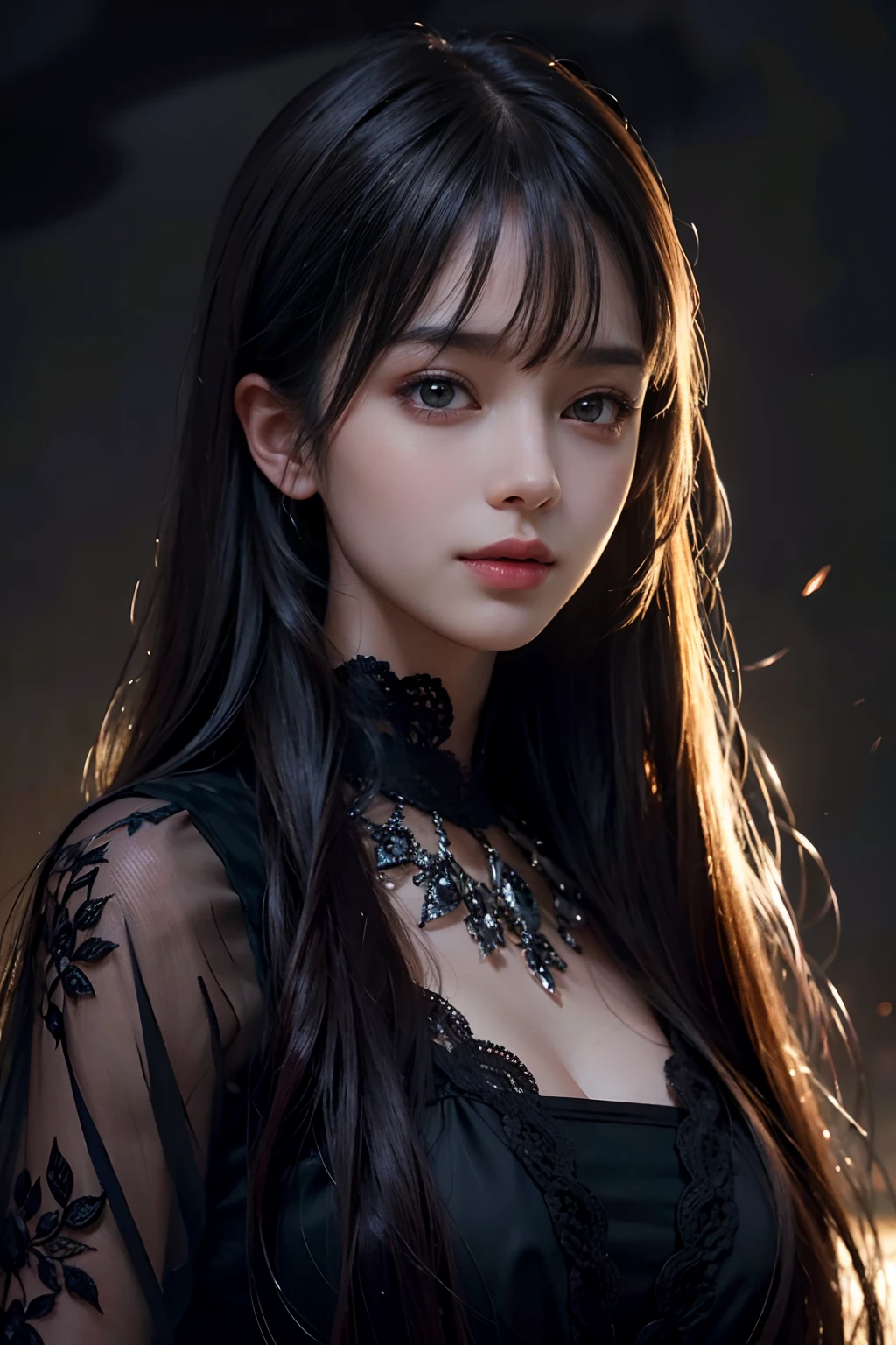 (Ultra Realistic), (Illustration), (Increased Resolution), (8K), (Extremely Detailed), (Best Illustration), (Beautiful and Detailed Eyes), (Best Quality), (Ultra Detailed), (Masterpiece ), ( wallpaper), (detailed face), solo, 1 girl, looking at viewer, fine details, detailed face, in the dark, deep shadows, low key, pureerosfaceace_v1, smiling, long hair, black shawl straight hair , 46 points oblique bangs
