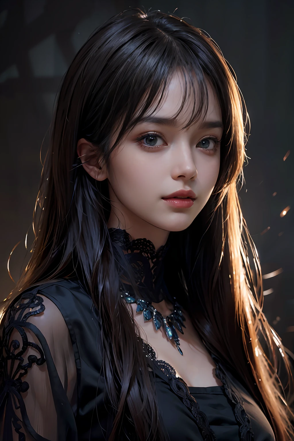 (Ultra Realistic), (Illustration), (Increased Resolution), (8K), (Extremely Detailed), (Best Illustration), (Beautiful and Detailed Eyes), (Best Quality), (Ultra Detailed), (Masterpiece ), ( wallpaper), (detailed face), solo, 1 girl, looking at viewer, fine details, detailed face, in the dark, deep shadows, low key, pureerosfaceace_v1, smiling, long hair, black shawl straight hair , 46 points oblique bangs