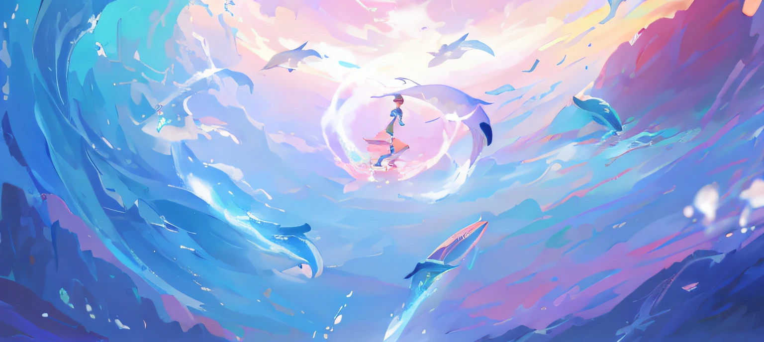 There are many dolphins swimming in the sea，Alone on a surfboard, sky whales, flying whale, Anime art wallpaper 8 K, Makoto Shinkai Cyril Rolando, Anime art wallpaper 4 K, Anime art wallpaper 4k, wallpaper anime blue water, concept art magical highlight, A beautiful artwork illustration, 4 k hd illustrative wallpaper, whale fall，8K, RAW photo, Best quality, Masterpiece:1.4))), 超高分辨率, Ultra-detailed, illustration，octane，Makoto Shinkai painting style