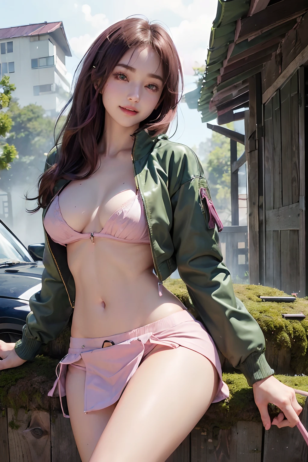 (masutepiece), (Best Quality), Realistic, Photorealism, 1girl in, Beautiful Girl, Perfect face, Perfect body, Sexy, (((Upper body wearing only moss green MA-1 jacket)))、(((Do not close the zipper))), No bra, Braless, Smile、Taut、Toned waist、fascinating butt、Plaid miniskirt、(((Lift skirt with hand to expose pink sexy panties)))、Wearing a pistol holder on the thigh、Smile full of happiness、Attractive pretty woman、Detailed cute big blue eyes、Detailed cute face、complexion with good blood circulation、pink cheek、Dark brown medium hair、(((stick out)))、 (Erect )、(((The upper body is almost naked,)))、(((Panties slip down and pubic hair is visible.)))