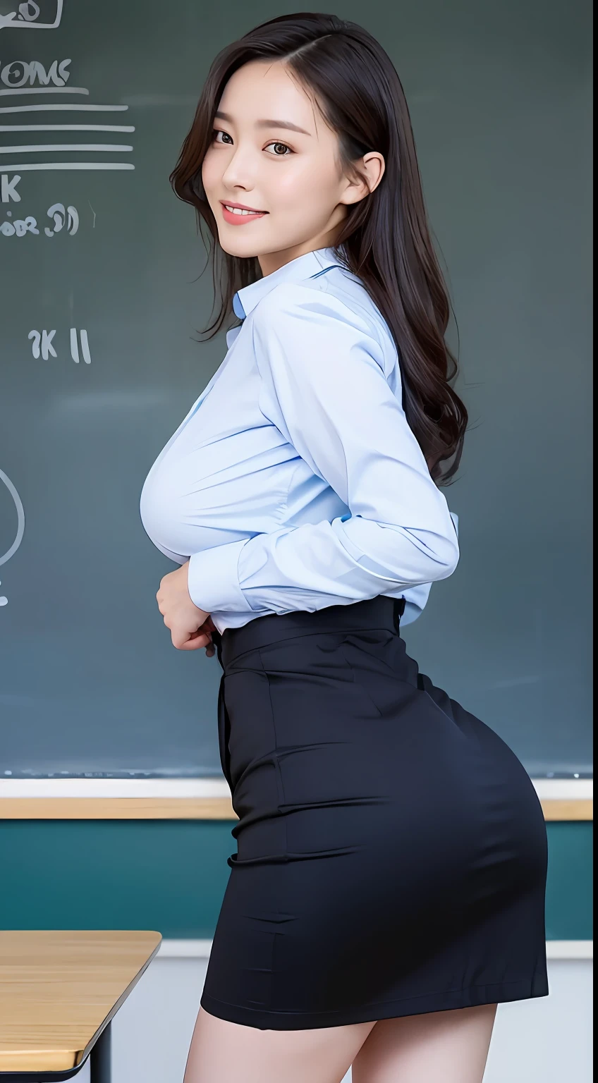 ((Best Quality, 8K, Masterpiece: 1.3)), 1girl, Slim Abs Beauty: 1.3, (Hairstyle Casual,Super Big Breasts: 2.1), Dress: 2.1, Super Fine Face, Delicate Eyes, Double Eyelids,Red Peach Lips,Smile,The Teacher Is Explaining Biology On The Blackboard,Sexy Standing In Classroom,Hold A Book And Long Ruler,Long Wet Hair,Wet Teacher Tight Shirt And Wet Tight Long Skirt Outfit,Viewer Looking At Teacher,Facing the Chalkboard, From The Side,Soft And Big The Butt