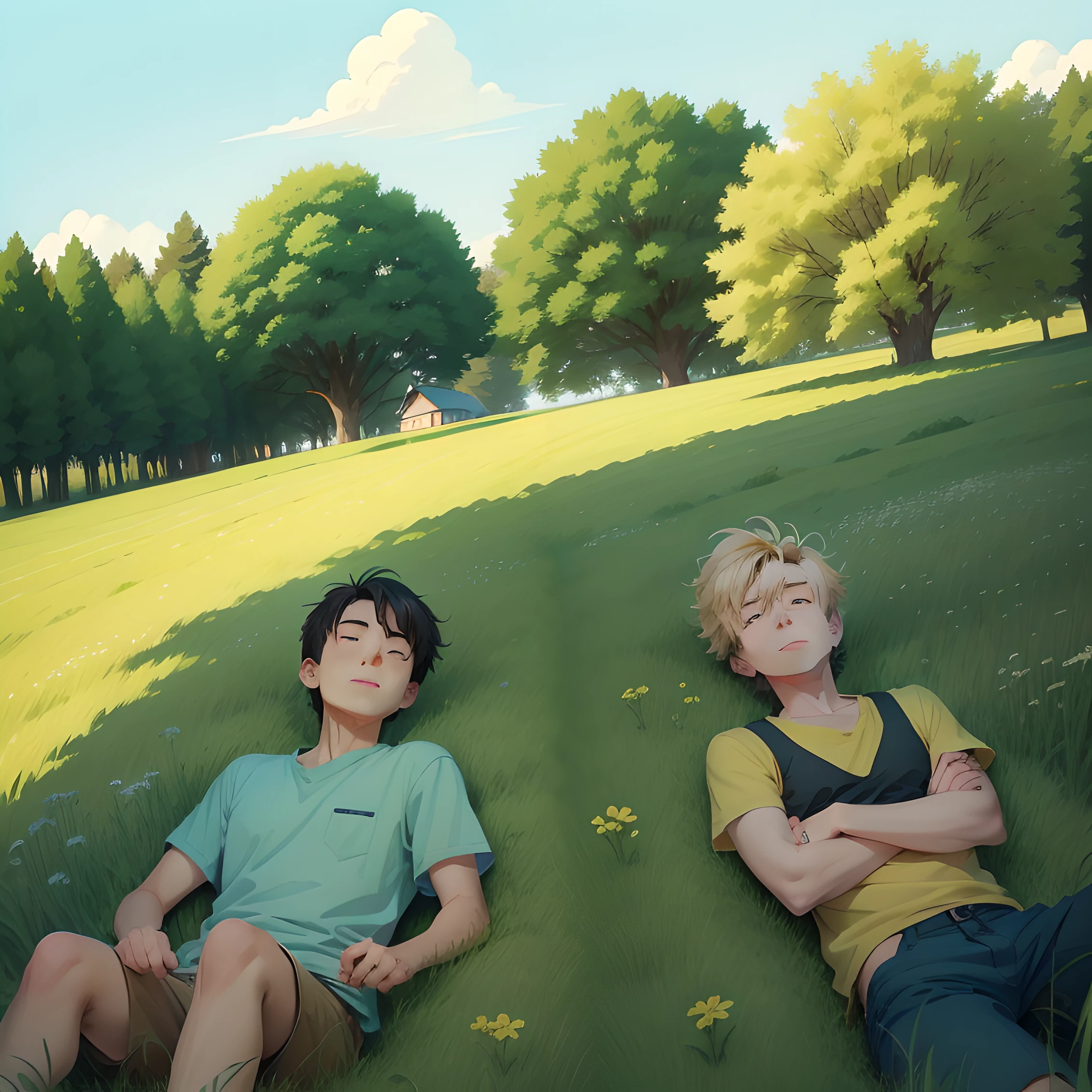 cartoon of two men in a field with trees and grass, on a sunny day, in a grassy field, by Naka Bokunen, on a green hill, sunny day, sunny day time, lo-fi illustration style, sunny environment, illustration”, in a sunny day, summer afternoon, in a meadow, official fanart, japanese animation style, bright sunny day
