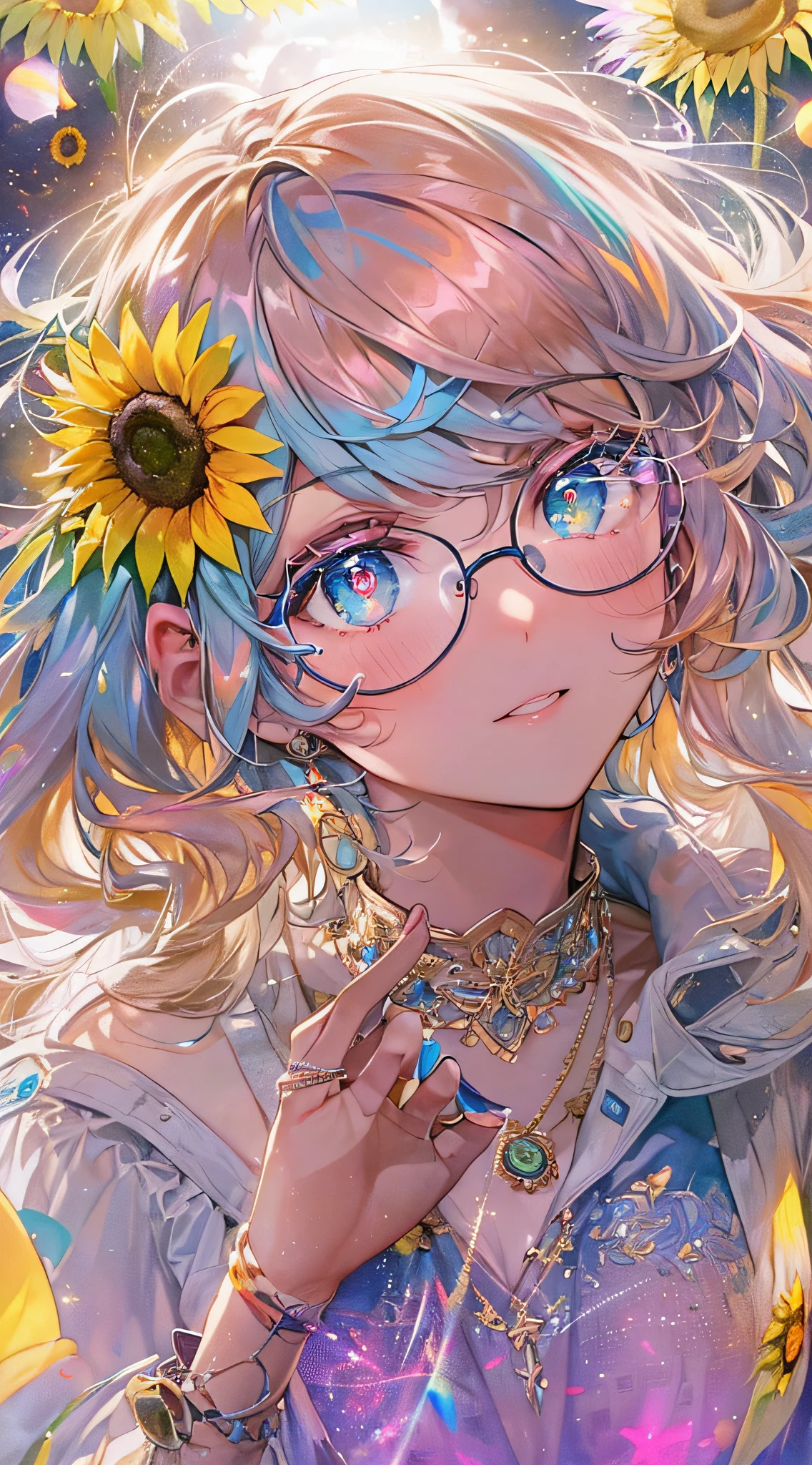 ((masterpiece、top-quality、Watercolor art(Pendants)、Official art、Beautifully Aesthetic:1.2))、(1girl in:1.3)、(Fractal Art:1.3)、full body Esbian、((Glitter pupils))、patterns、((rainbow-colored hair、colourful hair、Half blue and half pink hair:1.2))、colourfull、(Silver-rimmed glasses)、Writing、heterochromia iridis、(colourfull:1.5)、((Shy face))、one piece dress、(Standing)、(Hyper-detailing), ((delicate detail)), (intricate detailes), ((ciinematic light, best quality backlight)), highcontrast, ((The best lighting, extremely delicate and beautiful)), ((ciinematic light))、(ray trace reflection、brilliance)、((glowing aura))、((Radiant hair))、((The ultra-detailliert))、((8K))、(Background with:Sunset and sunflower field:1.5)、(evening:2),(Background with:Evening glow:1.5)