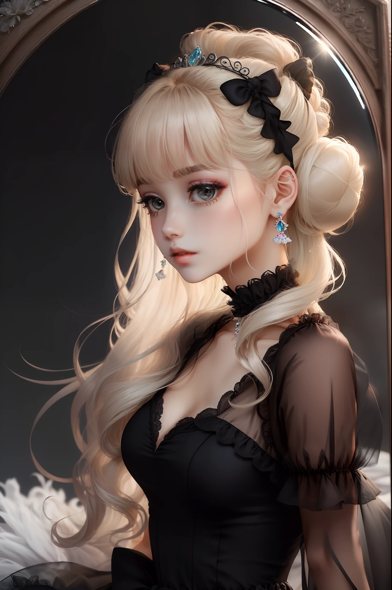 Princess A Princess Soft Good style best quality(Highest Quality) , High quality(hiquality) Black fluffy dress blonde with soft hair corolla Bun hair The whole body is reflected Very delicate tone and good atmosphere
