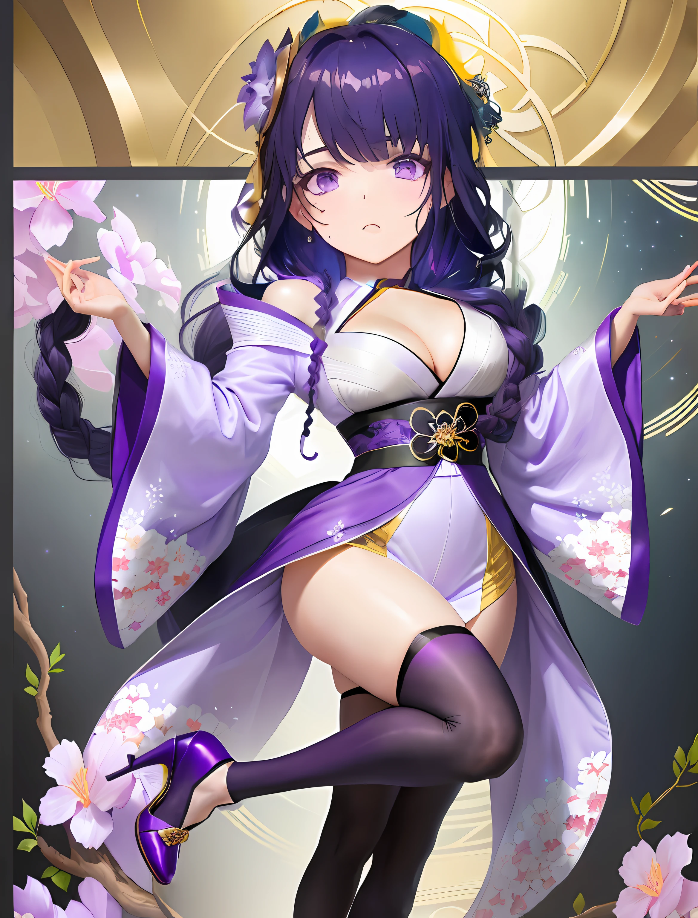 Best quality, Ultra-detailed, Flowy sleeves kimono, grown woman, Purple braided hair, Dark tights under the kimono, The sleeves of the neckline jumpsuit completely covered her arms, The nails are painted purple, Kimonos have various purple stripes, He wears a wrestling badge under his right chest, The left shoulder armor has a delicate badge, Wears dark purple stockings and high heels, The shoe on the right has two light purple flowers。