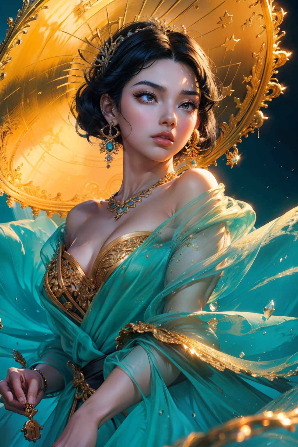 Close-up of a woman with black hair, Belle peinture de personnage, haughty, black hair, hair ornament, raised eyebrows, raised eyebrows, wide eyes, earrings, depth of field, tachi-e, first-person view, Wide-Angle, high quality, highres