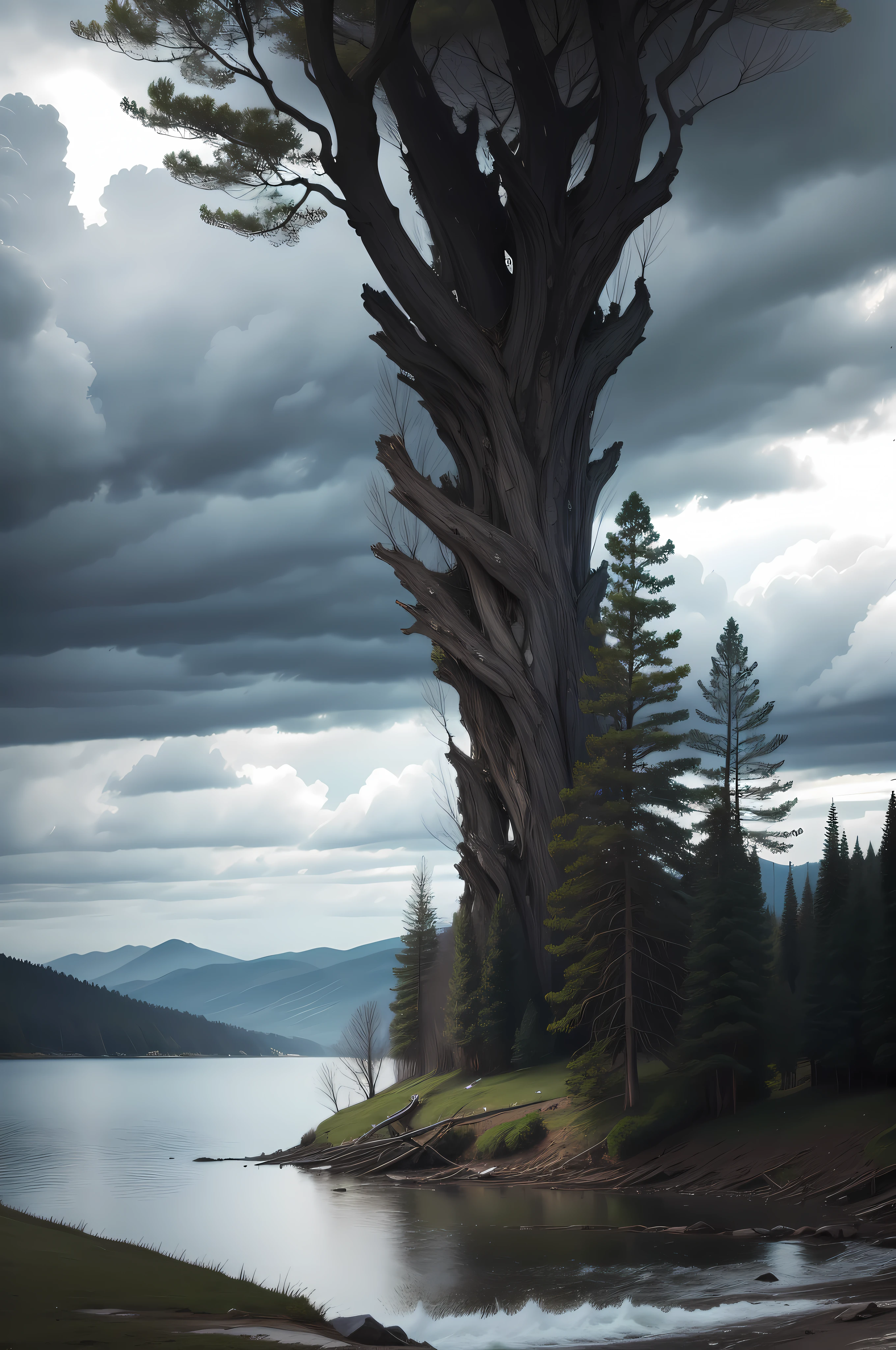 The sky is cloudy,Several large trees along the path were blown to the side by the strong wind,It gives a sense of oppression,The lake in the distance is rough,Let people marvel at the power of nature