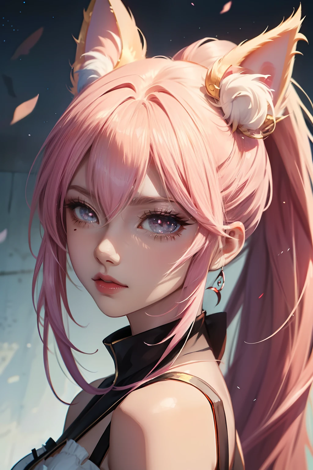 Anime girl high single ponytail , Beautiful character painting, , Cat ears stunning anime face portrait with vicious eyes