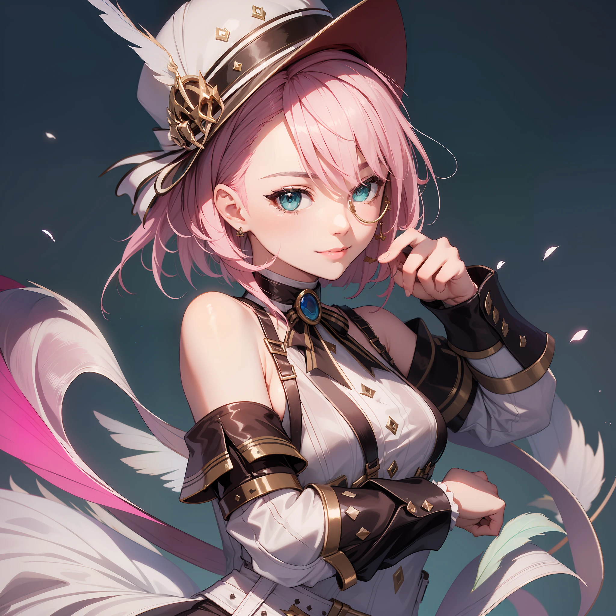 hat, pink hair, gloves, bare shoulders, belt, green eyes,thigh strap, detached sleeves, white shirt, monocle, short hair, jewelry,ribbon, hat feather,, ,
1girl, solo,
smile,
simple background,
(best quality), ((masterpiece)), (highres), original, extremely detailed wallpaper,shiny, chromatic aberration abuse, detailed background, vivid color, (highly ultra detailed face and hair and skin and eyes and finger and cloth and background and hair:1.2),