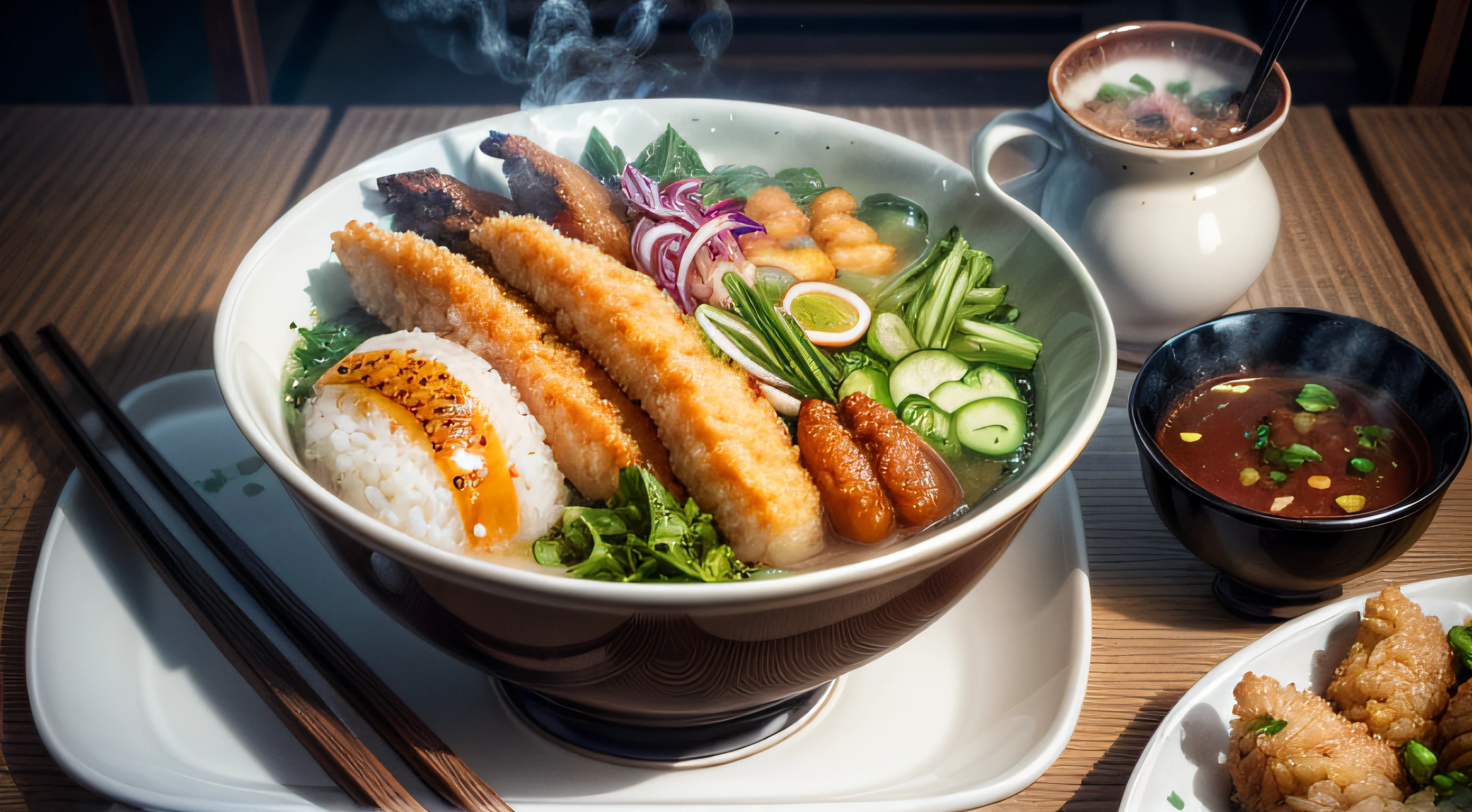 high detail, ultra realistic, japanese ricebowl with salad, tempura, brown sauce and spring onions, sesam, cup of green tea, steam, misosoup