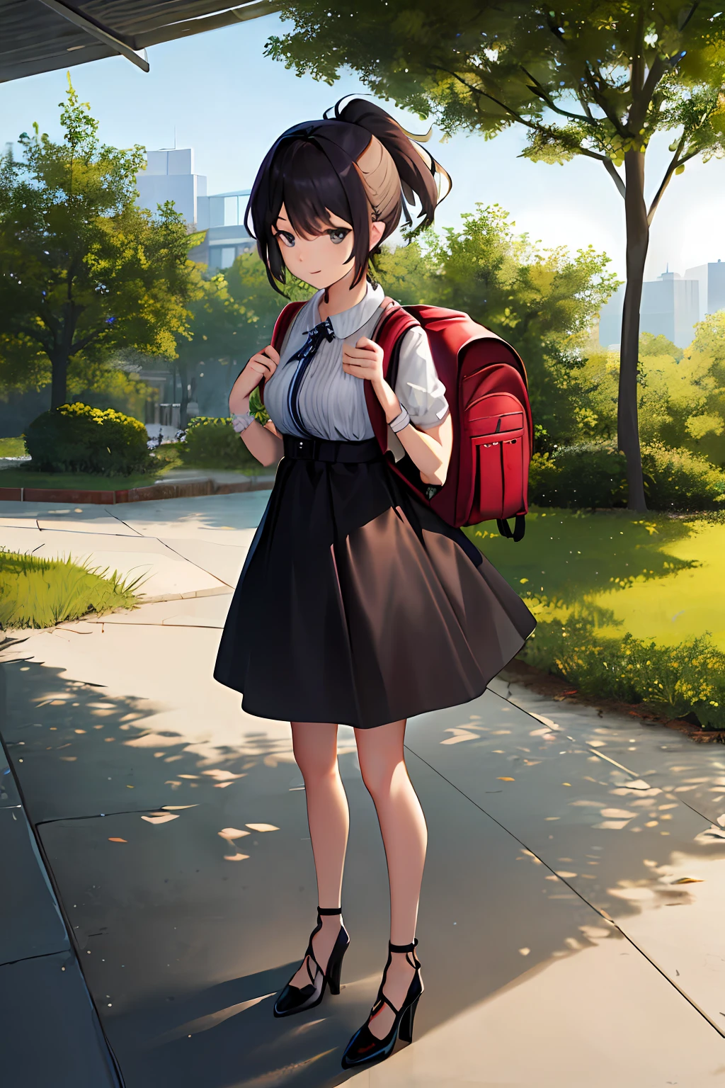 Masterpiece, Best Quality, Hi-Res, 1 Girl, Solo, ssmall Breasts, Short Hair, ponytail, Hair Between Eyes, Floating Hair, wear dress, puff sleeve dress, standing, wear high heel, fullbody, wearing backpack, (backpack:1.0), daytime, park
