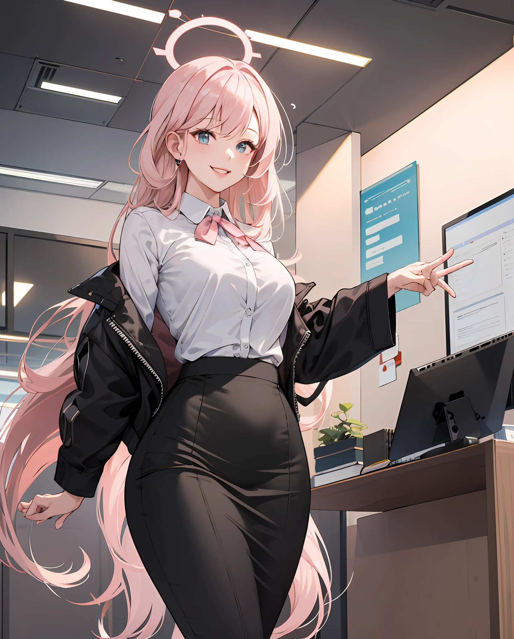 ((masterpiece, best)),(1girl),((mature woman)), light pink hair, dizzy, trumpet, ((office lady)), bangs, mid-chest, (full), slim, smiling, [wide hips] ,office,standing, aru \(blue archive\),